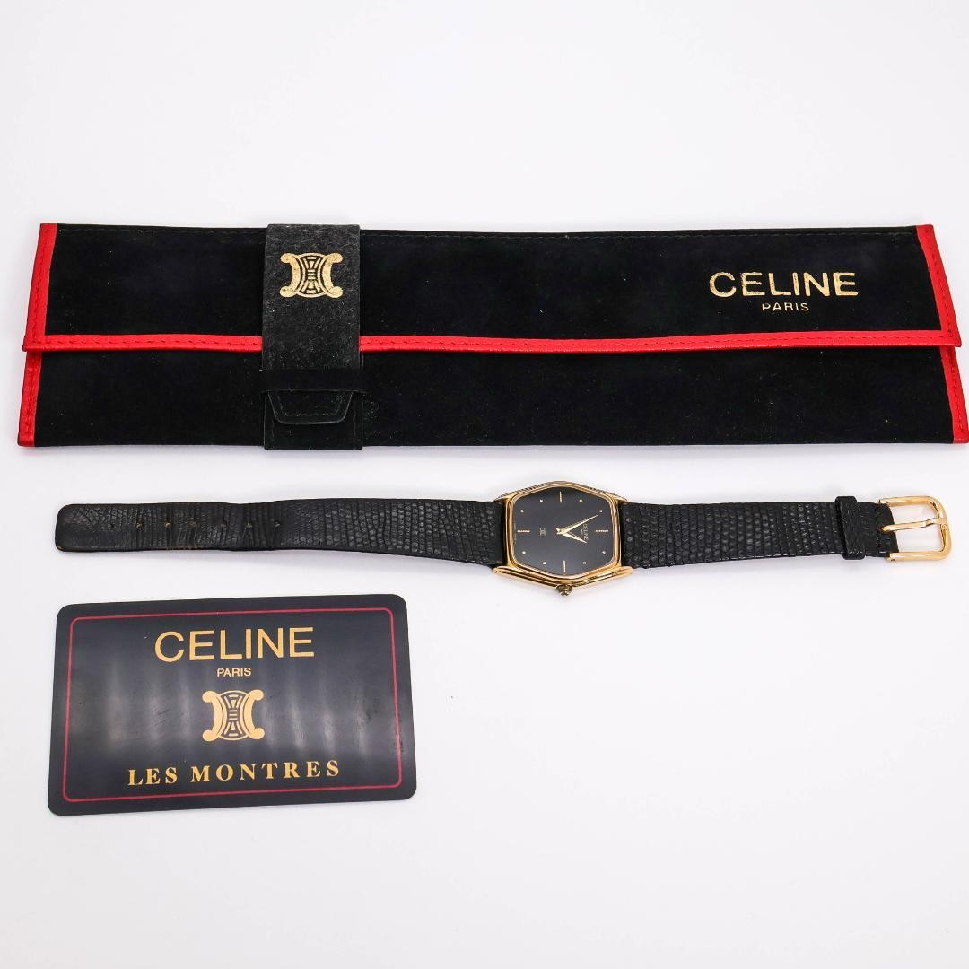 Rare working CELINE Watch Gold Square Black with outer box 3804