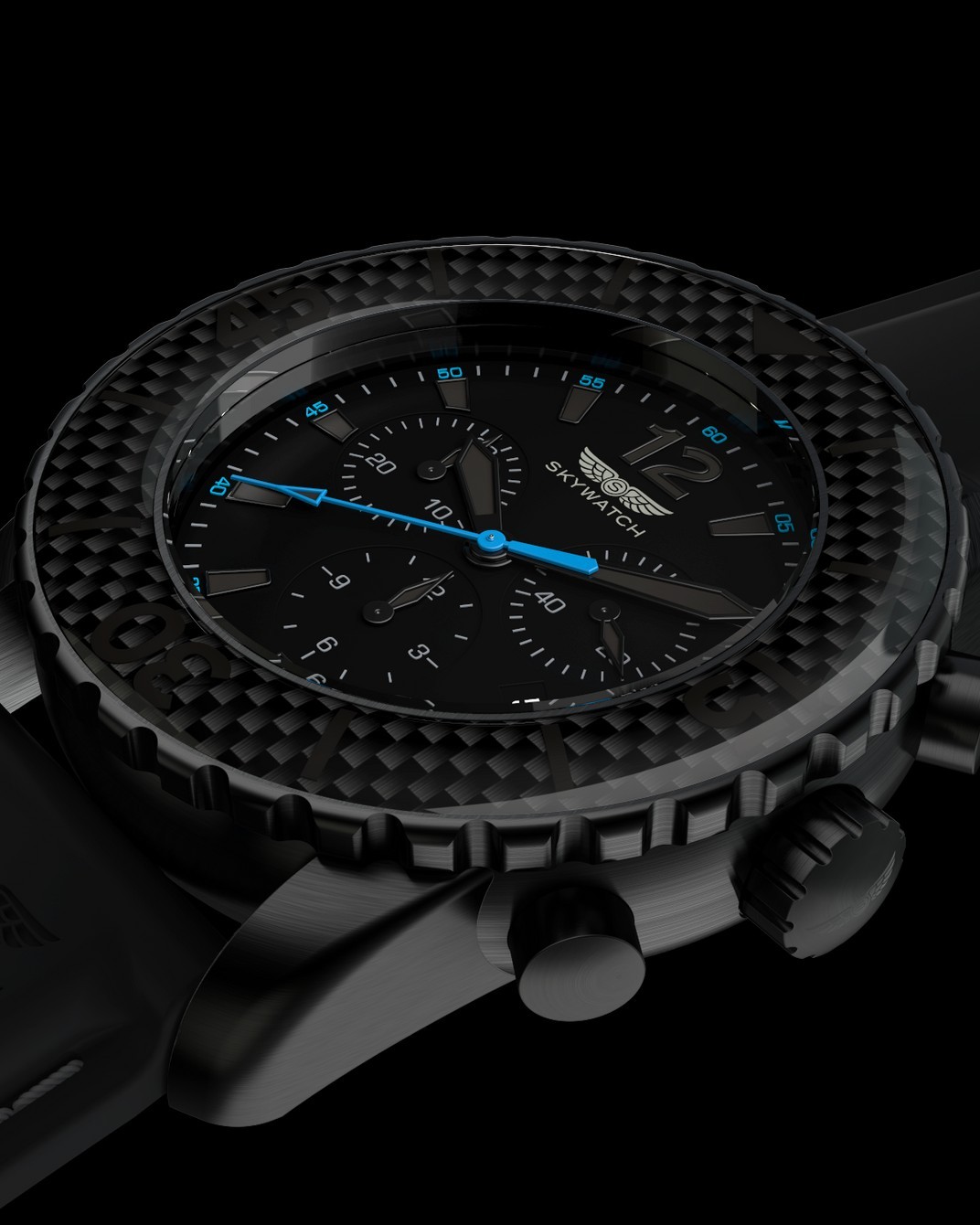 Skywatch 1019 Chronograph Watch 46mm, Black, Swiss Made, Carbon Fiber