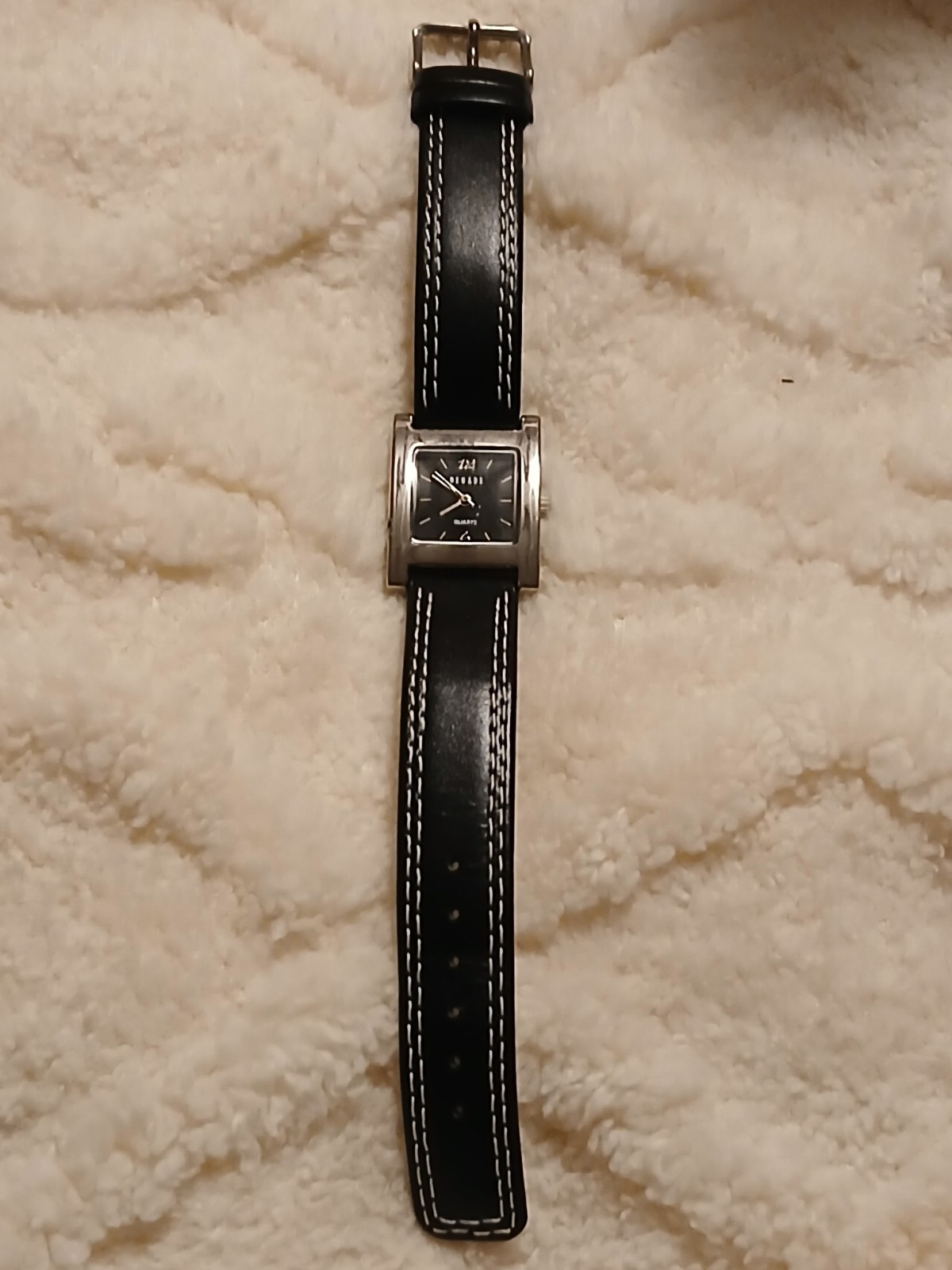 Vintage Decade Quartz Rectangle Watch Black Dial Silver Case Leather Strap EUC