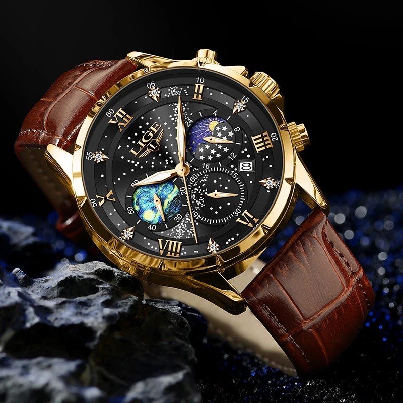 LIGE Luxury Quartz Men’s Watch Leather Strap Date Waterproof Luminous Wristwatch