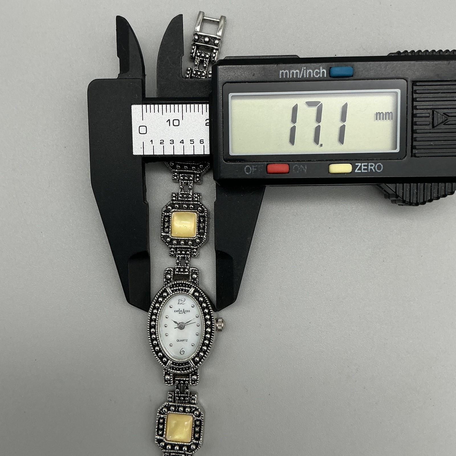 Express Womens Watch 17mm Marcasite Silver Tone Yellow Inlay New Battery 7.25″