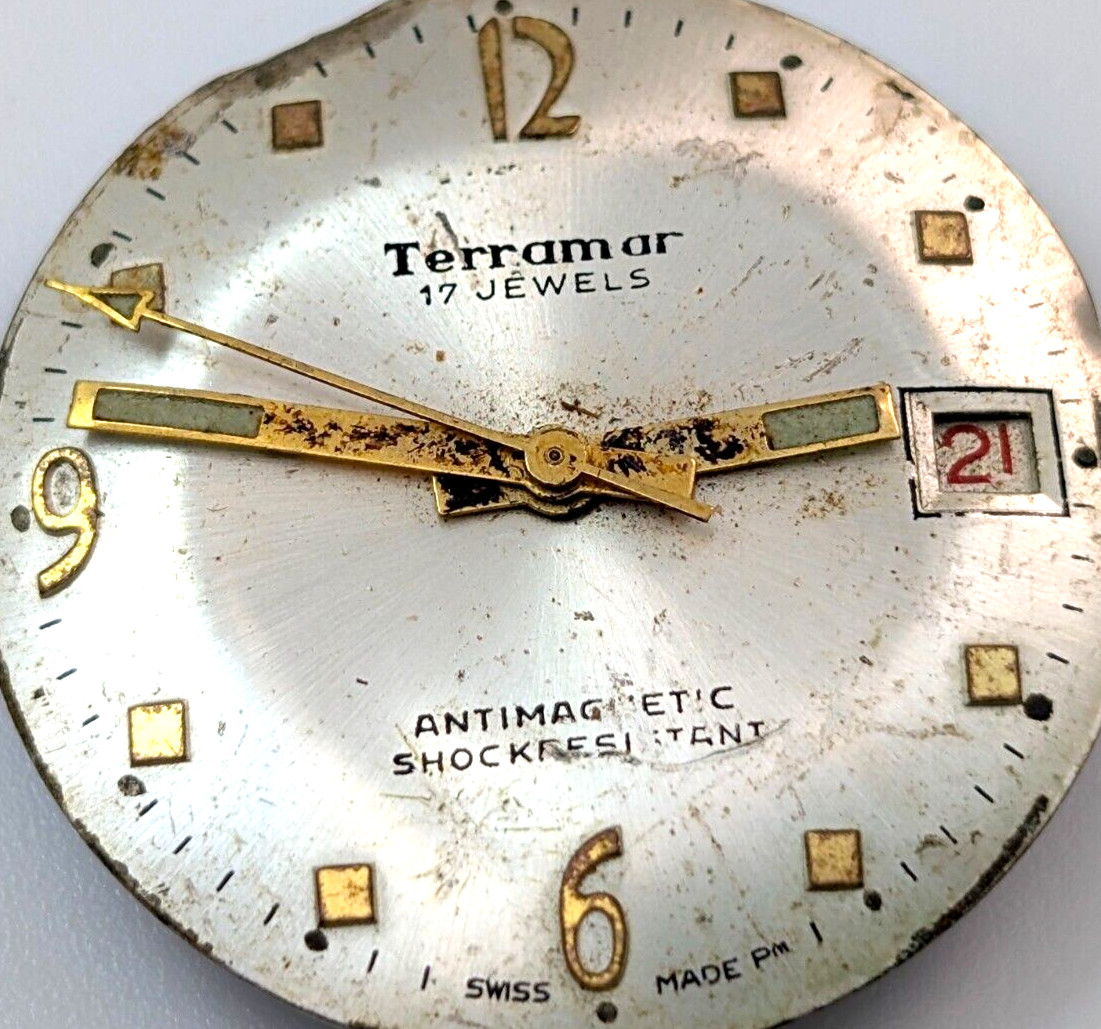Vintage TERRAMAR Calendar 17j Arrow Sweep 28mm Watch Movement PARTS or REPAIR