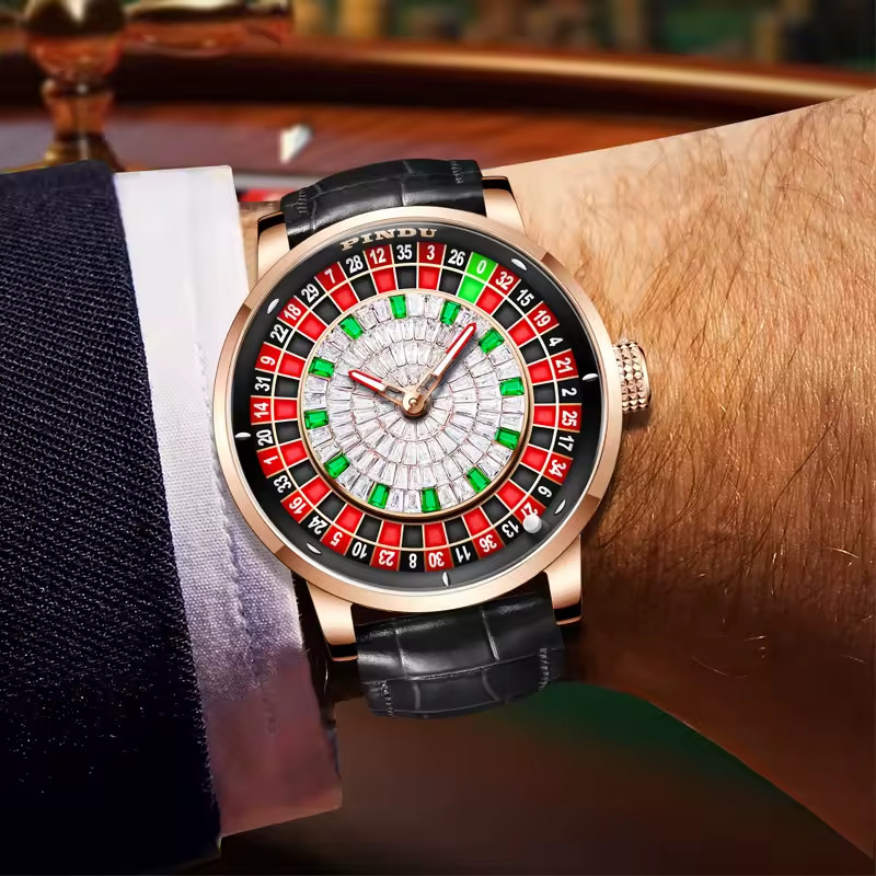 🔥USA PINDU Design NH35A Rotary Roulette Casino Mechanical Watch Leather P6616