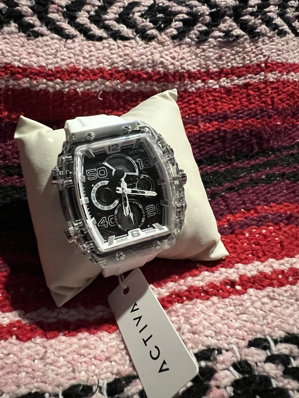 Activa Quartz Watch Black Luminous Dial Clear Tonneau Case White Strap
