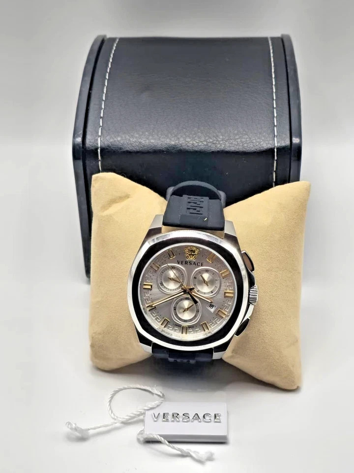 Versace Men’s Swiss Chronograph Geo Black Silicone Strap Watch 43mm