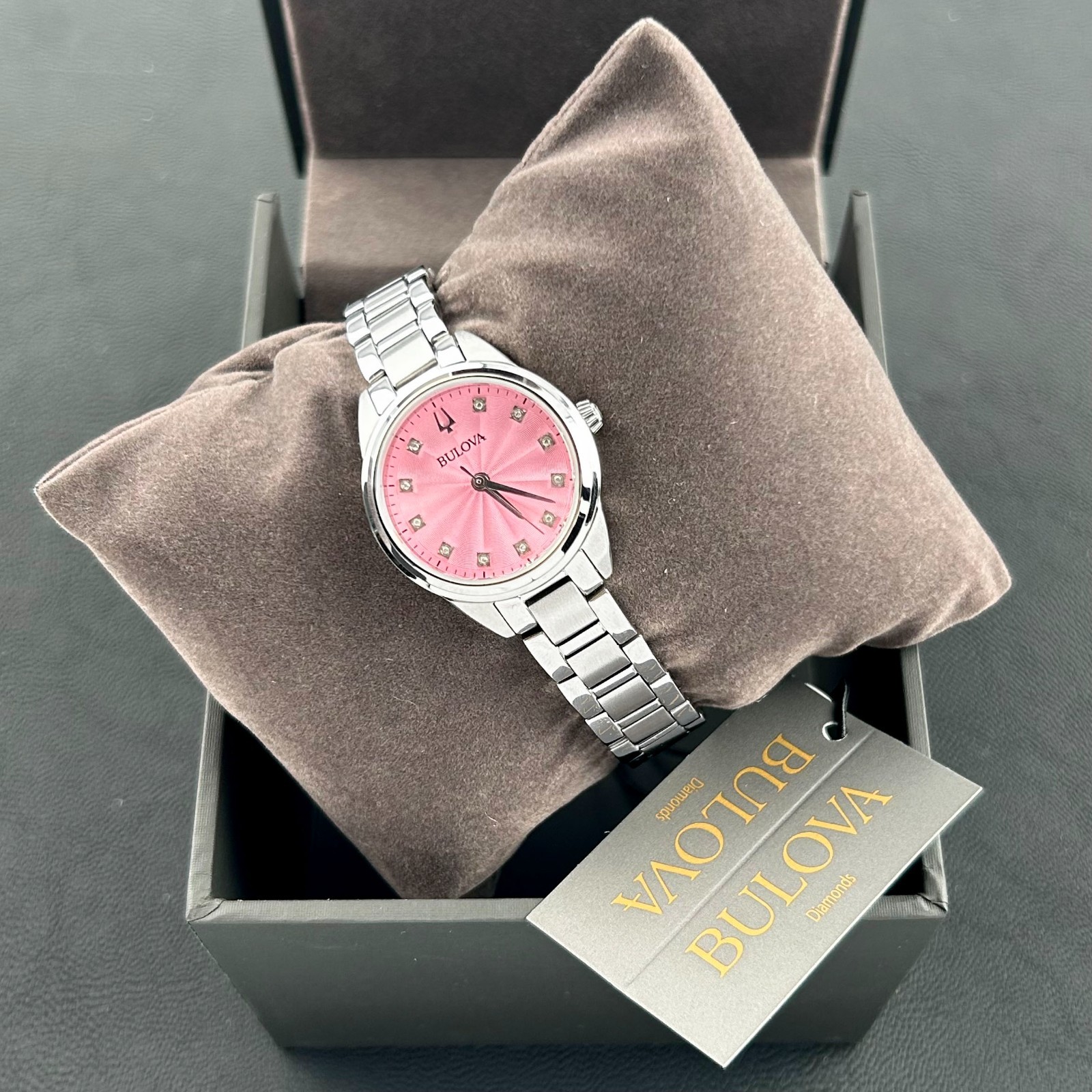 New w/box Bulova Sutton Diamond Pink Dial Women’s 28mm Quartz Watch 96P249