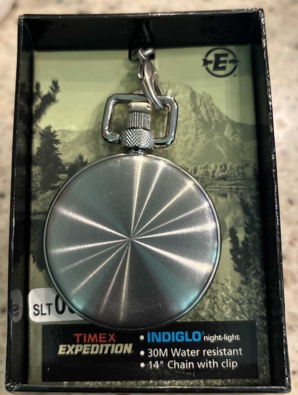 Vintage Timex Expedition Indiglo Pocket Watch Silver tone 30M WR 14″ chain