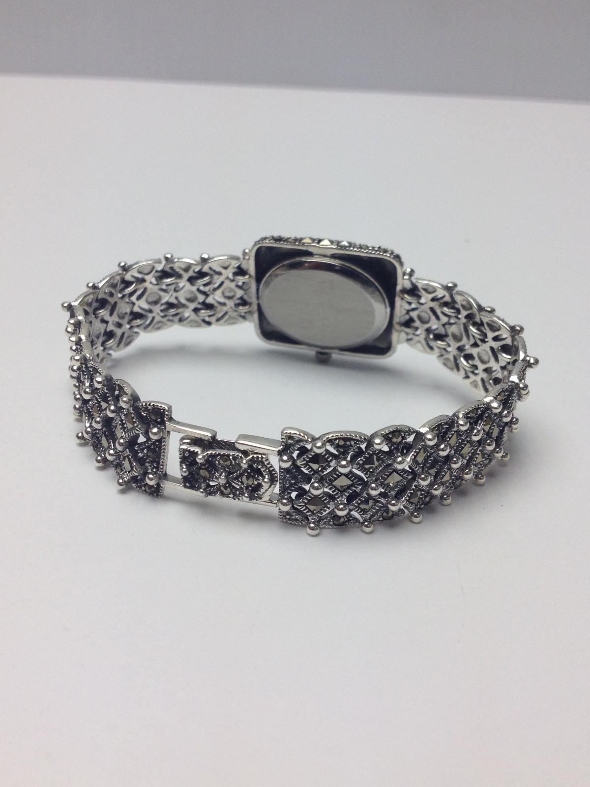 LUXURY 925 STERLING SILVER SPARKLE MARCASITE STONE MOP LADY FANCY BRACELET WATCH