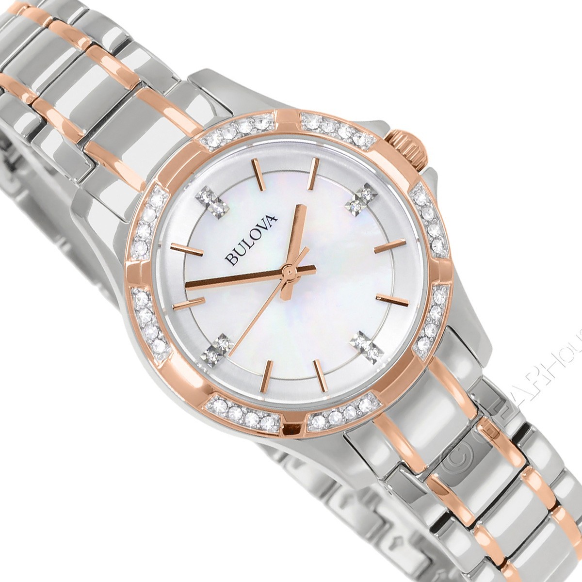 BULOVA Womens Pave Crystals Dress Watch, MOP Dial Two Tone Silver Rose Gold Band
