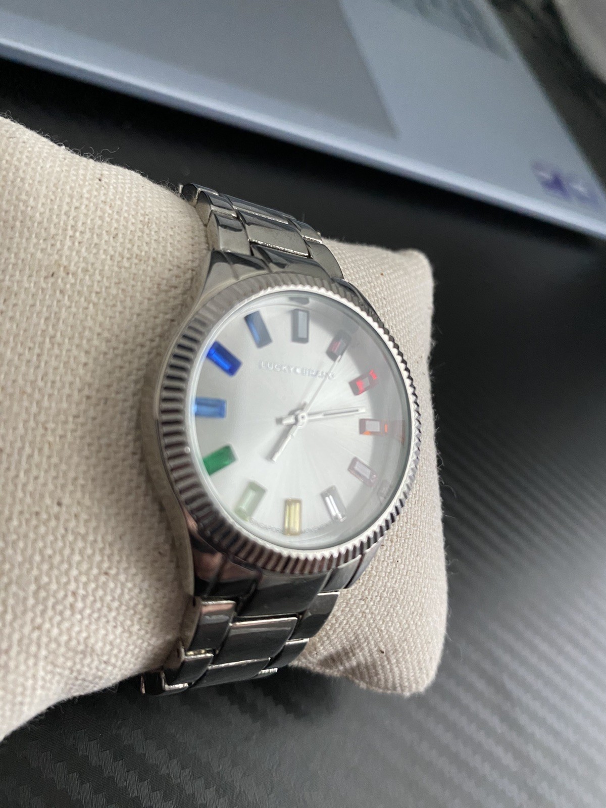 Lucky Brand Silver-Tone Watch | Rainbow Gemstone Markers | Works!