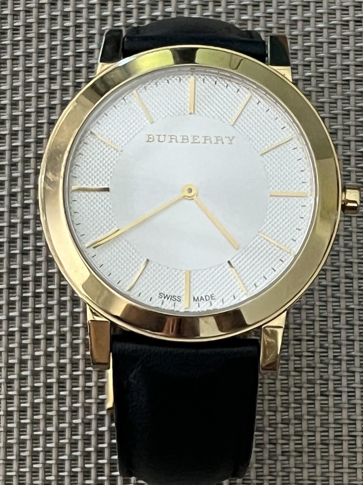 Burberry BU2353 Gold Tone Watch Swiss Made (Black Leather Strap w/ New Battery)