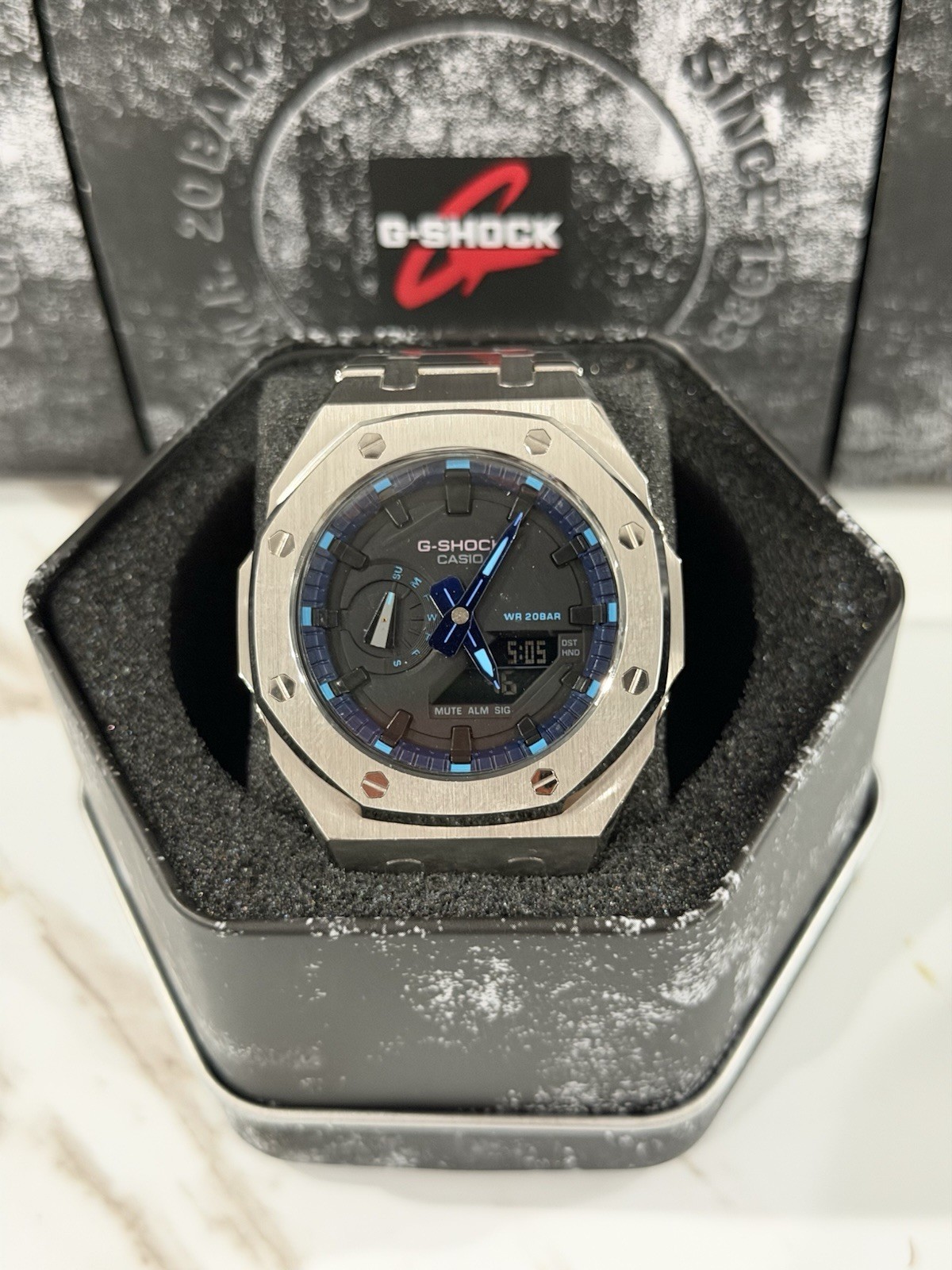 Casio GA-2100 G-Shock Watch – Sandblasted Silver Case Mod – Black Dial