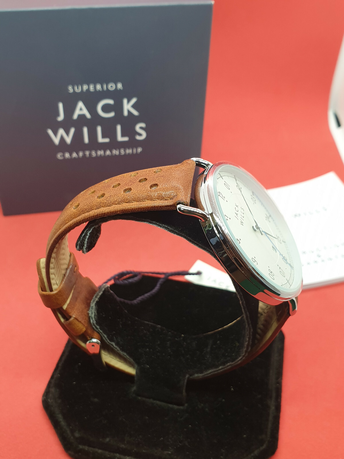 mens jack wills chrome watch with date display 3atm,brown tan strap new in box.