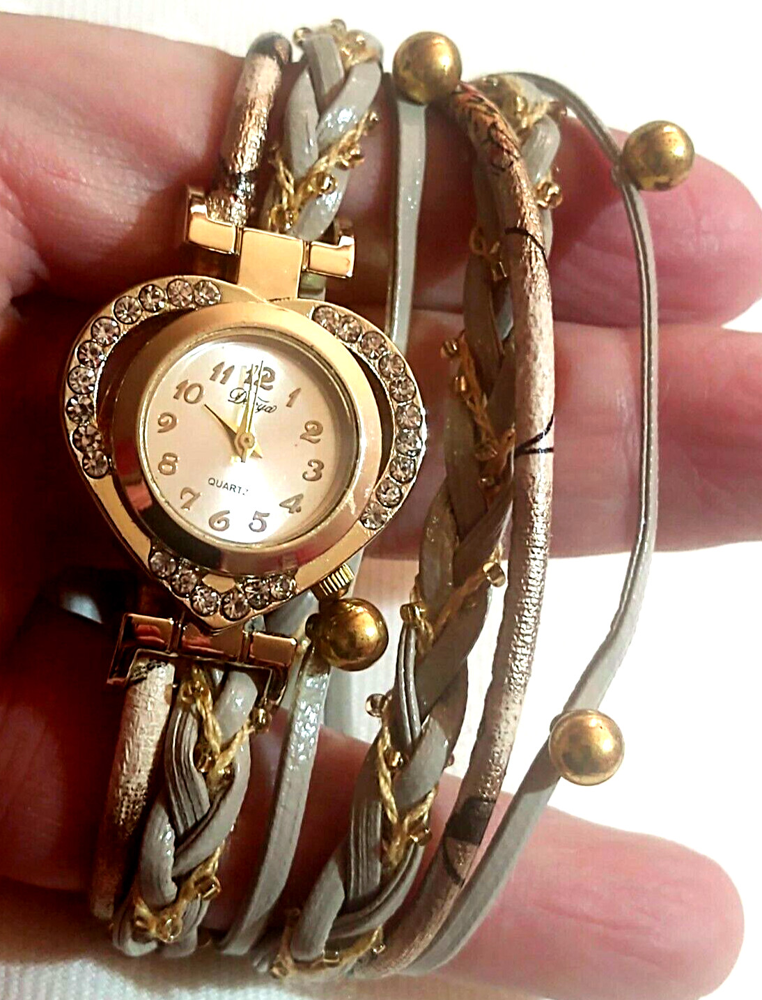 Double Wrap Heart Shape Wrist Watch Duoya Quartz White Tan Grey Snap Fashion