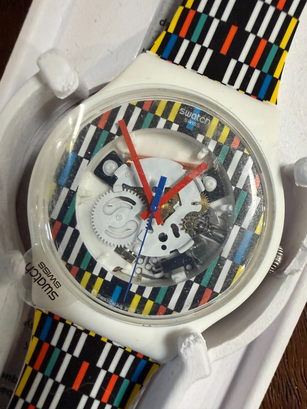 2016 Swatch Africamino SUOW120 Skeleton Dial Multicolor Stripe 41mm Working