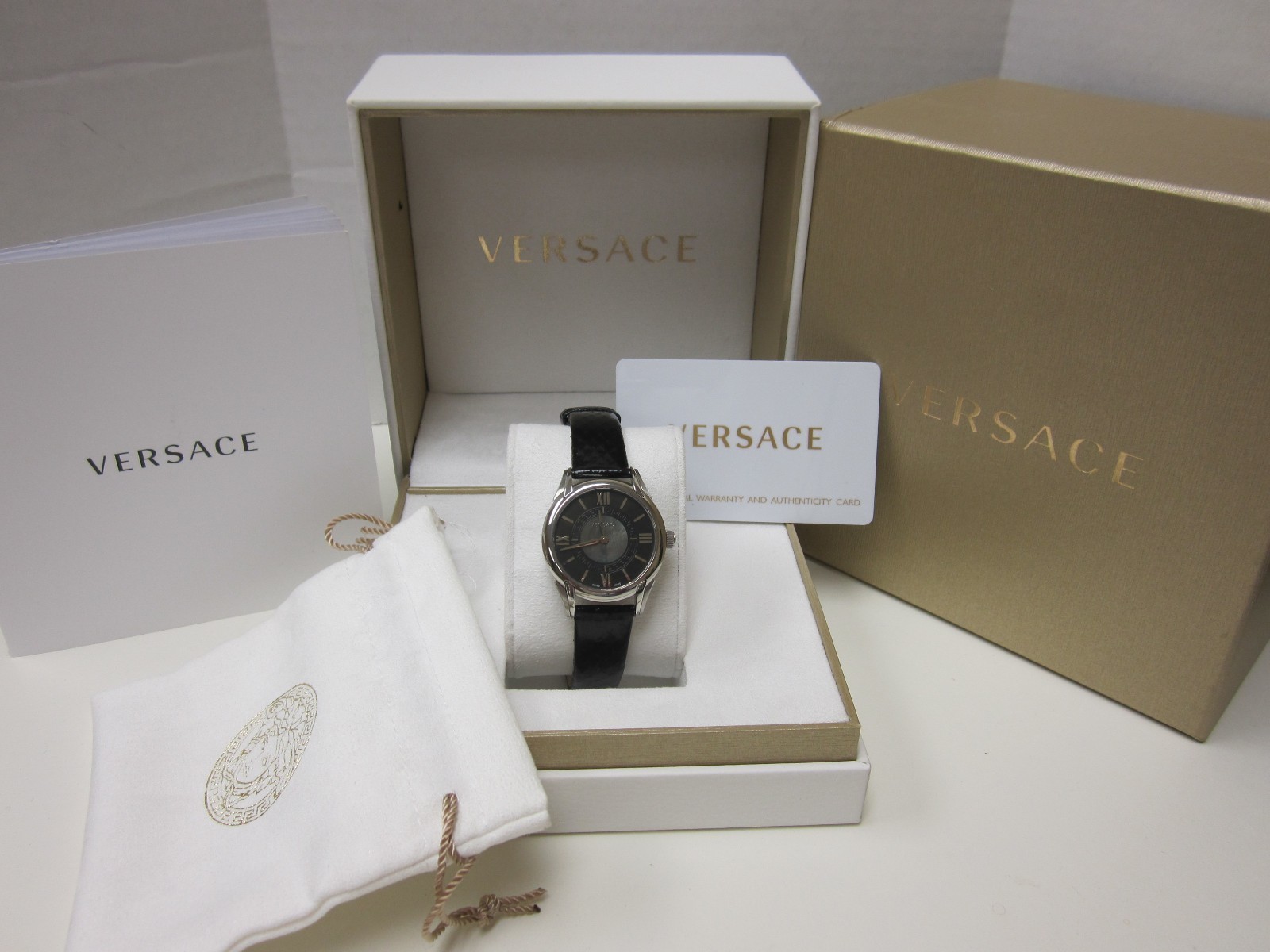 Versace Women’s VFF010013 Dafne Steel Black Leather Strap Elaphe Design Watch
