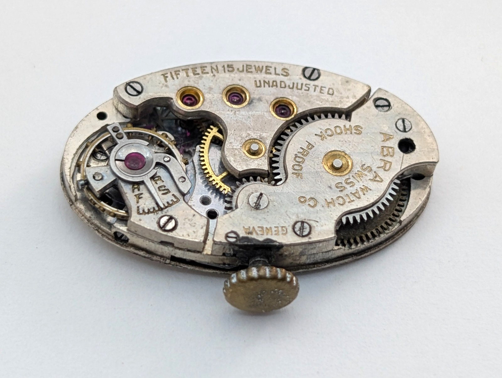 Antique ABRA 15j Art Deco Textured Dial Swiss Watch Movement 15mm PARTS REPAIR