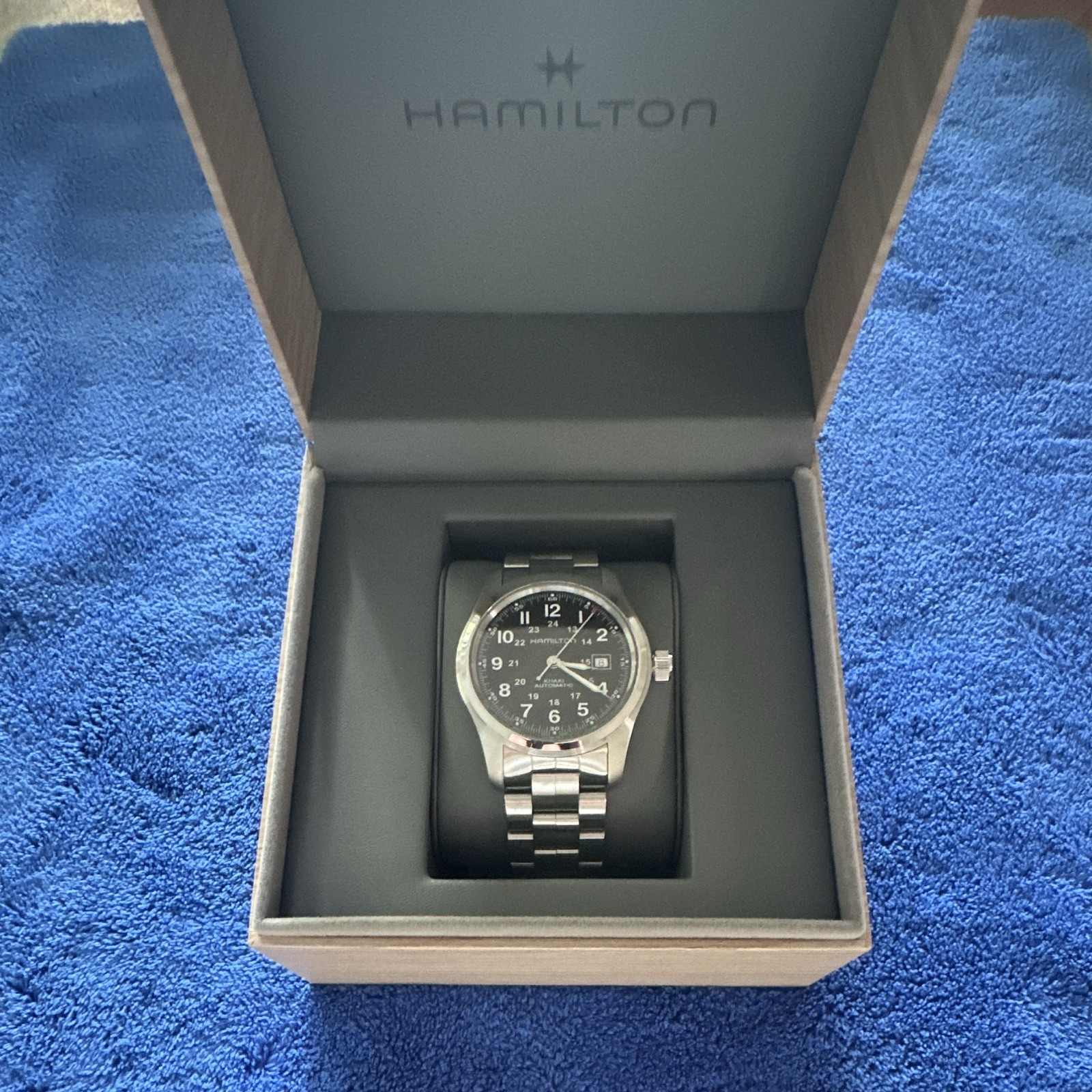 Hamilton Khaki Field Automatic 42mm Black Dial SS Bracelet 100m Box Papers