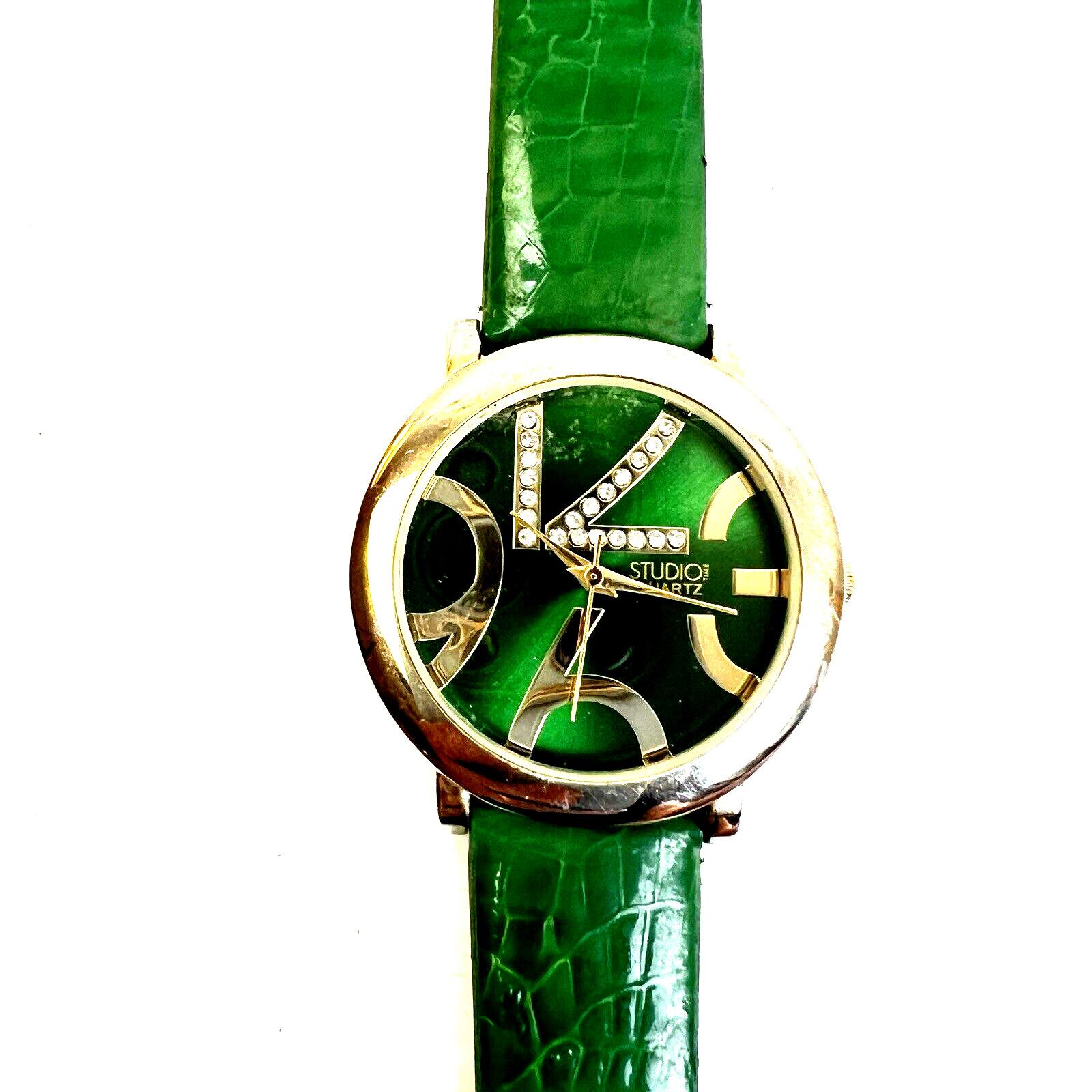 Studio Time Quartz Watch Green Band Rhinestone Gold Modern Fashion Wristwatch
