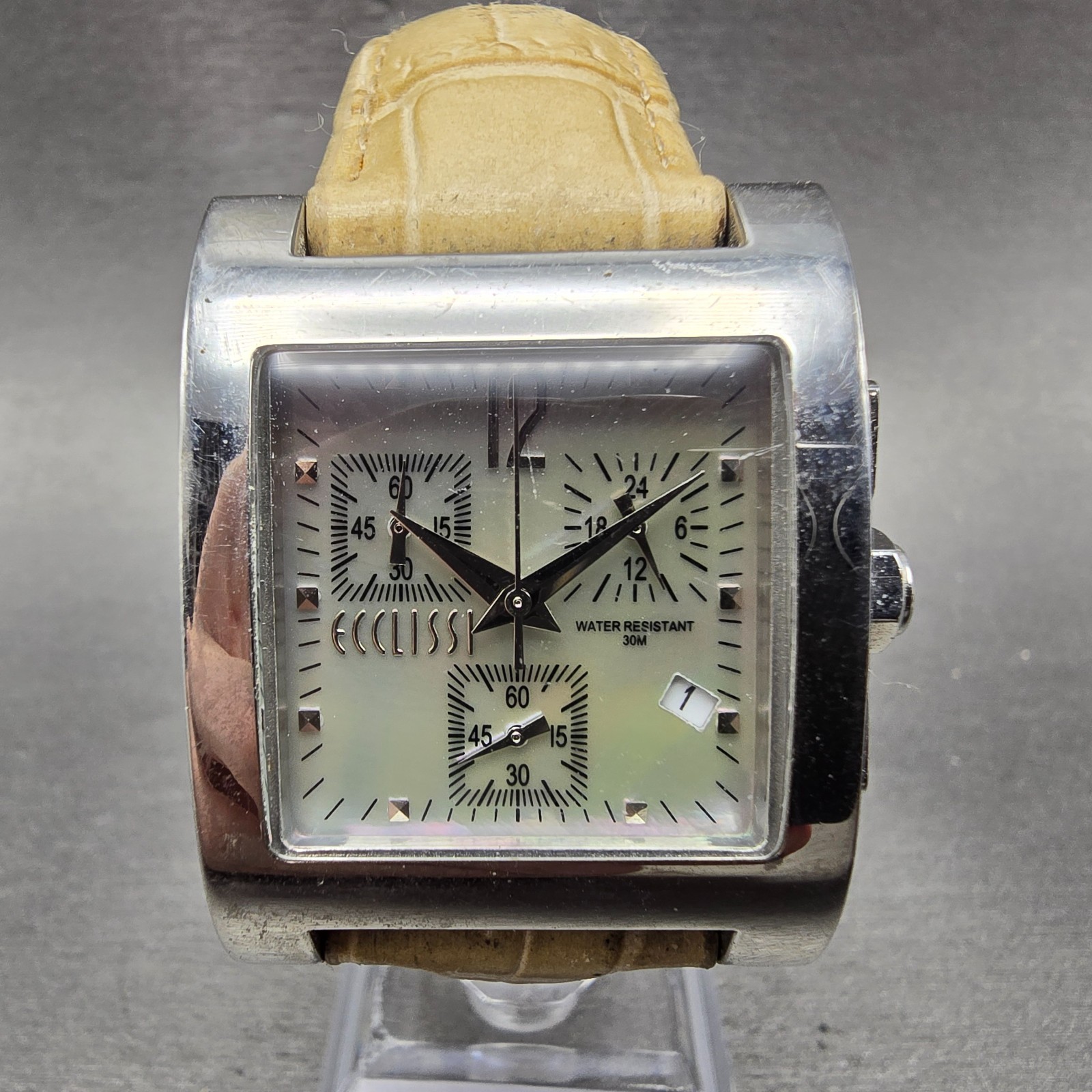 Ecclissi chronograph Watch Women 30mm MOP Dial Silver Tone Rectangle New Battery