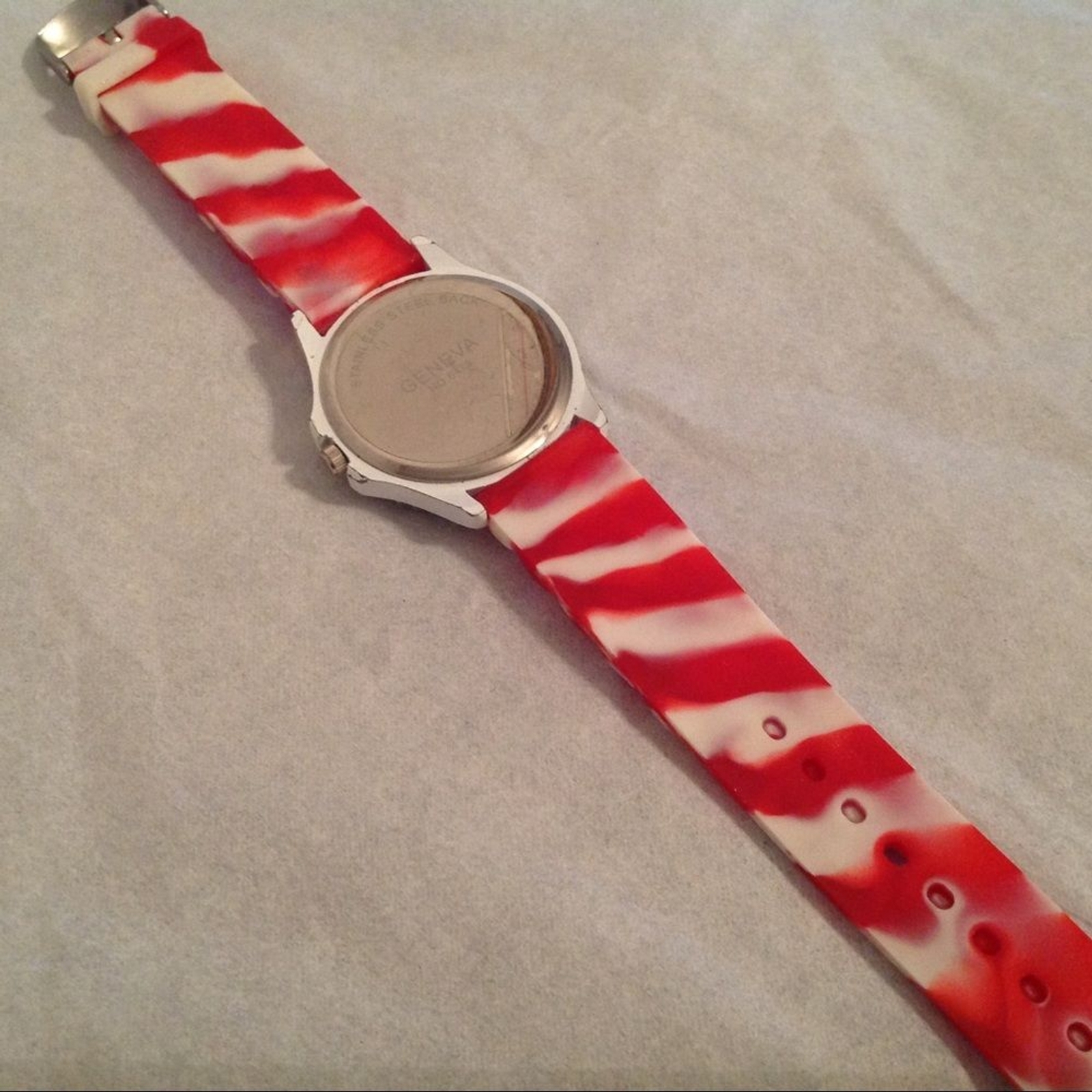 Geneva Silver Tone Red White Silicone Band Clear Rhinestone Watch Needs Battery