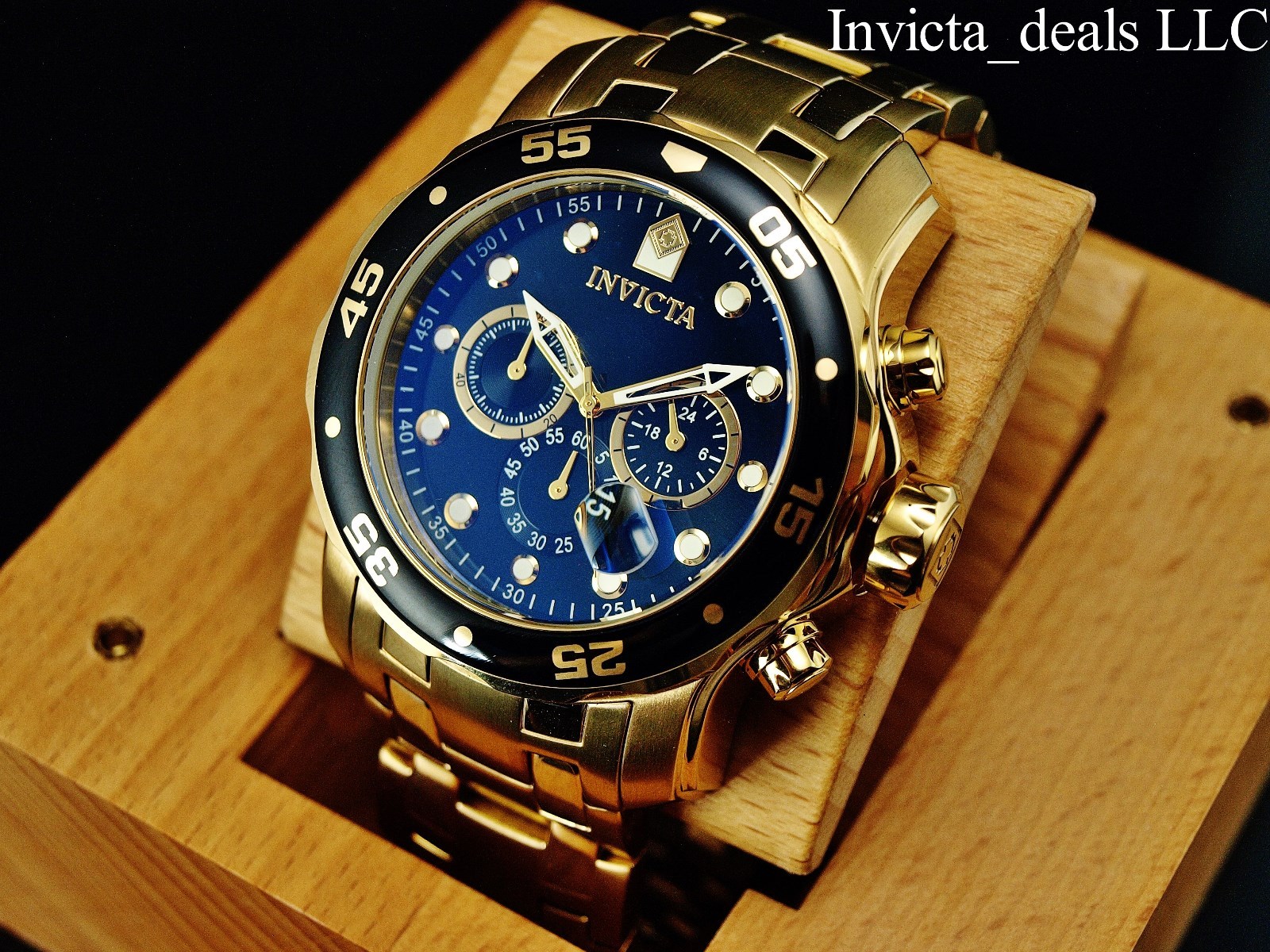 Invicta Men 48mm Pro Diver SCUBA Chronograph Black Dial 18k Gold Plated SS Watch