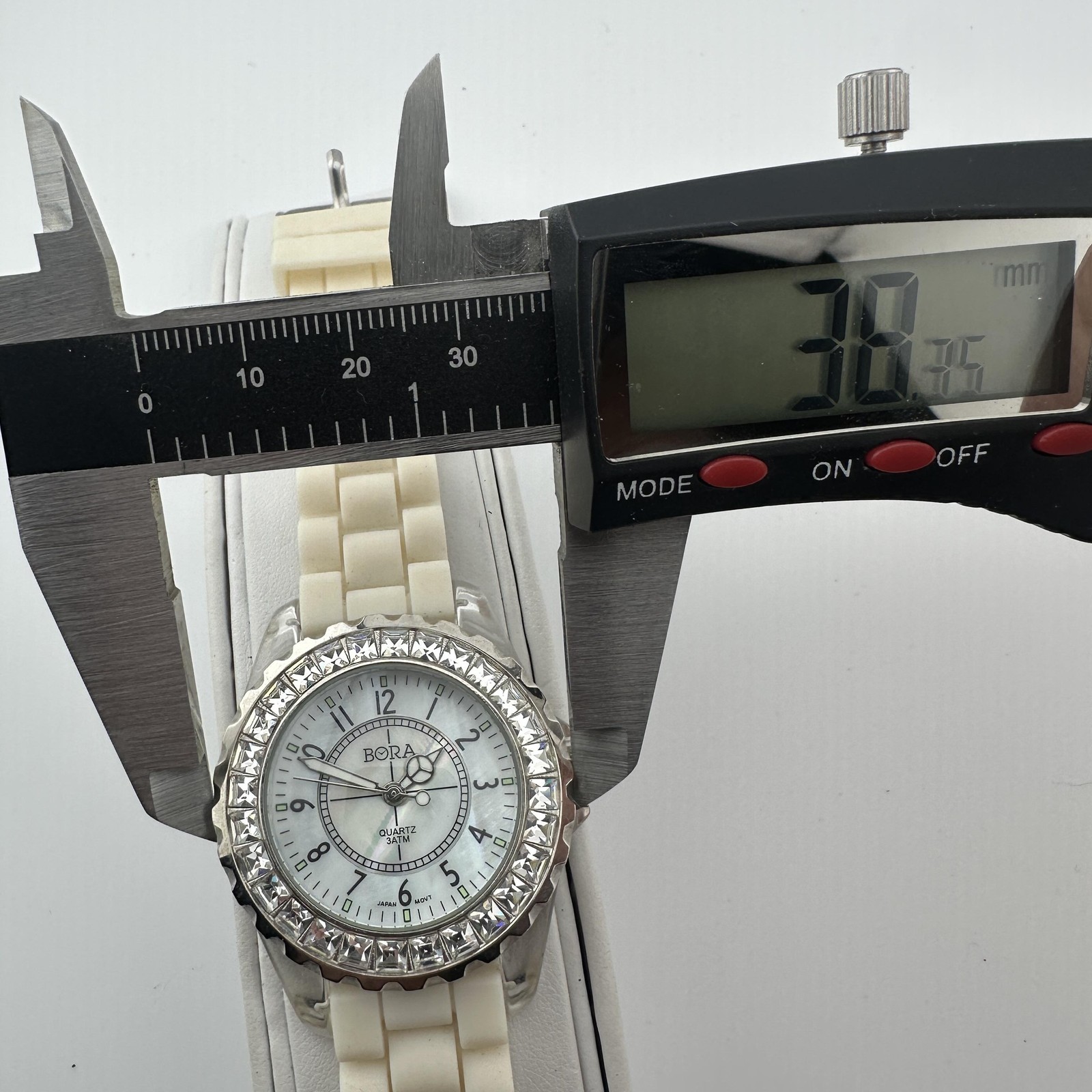 BORA Womens Watch 38mm White MOP Dial Crystal Bezel Silicone Band Quartz