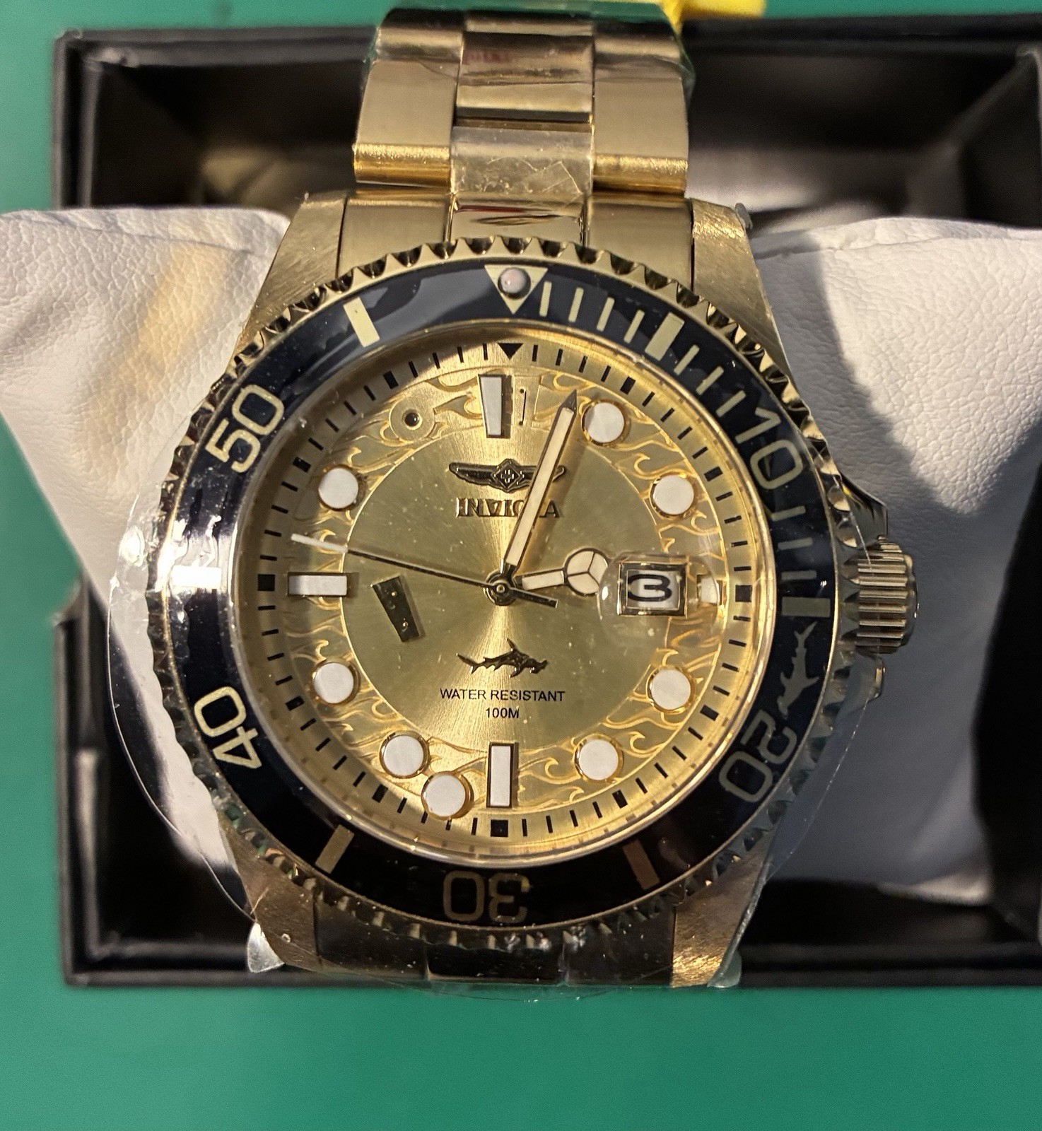 Invicta Pro Diver Men’s Quartz Watch 48mm Gold Bracelet Black Bezel 100m Date