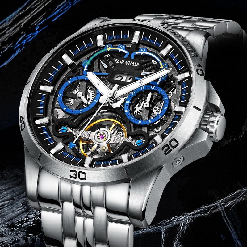 MARK FAIRWHALE Men Tonneau Multifunction Tourbillon Mechanical Automatic Watch