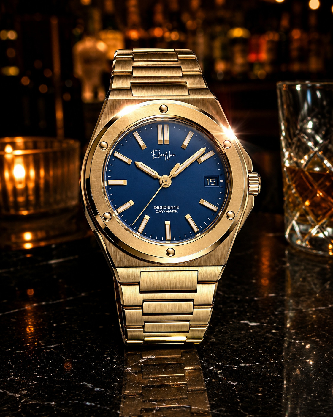 Custom Élan Noir Day-Mark Auto NH35 Watch Gold Navy Dial Sapphire Steel 41mm