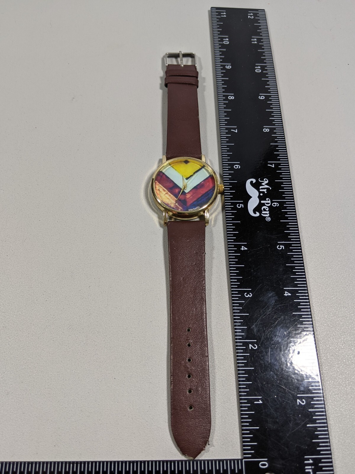 Yellow White Red Blue Dial Gold Tone Round Case 37 mm Brown Faux Leather Watch