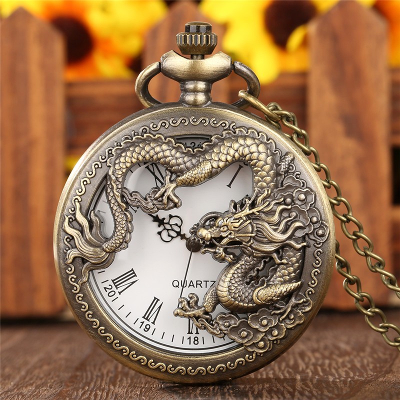 Vintage Style Bronze Pocket Watch Dragon Display with Long Chain for Women Men