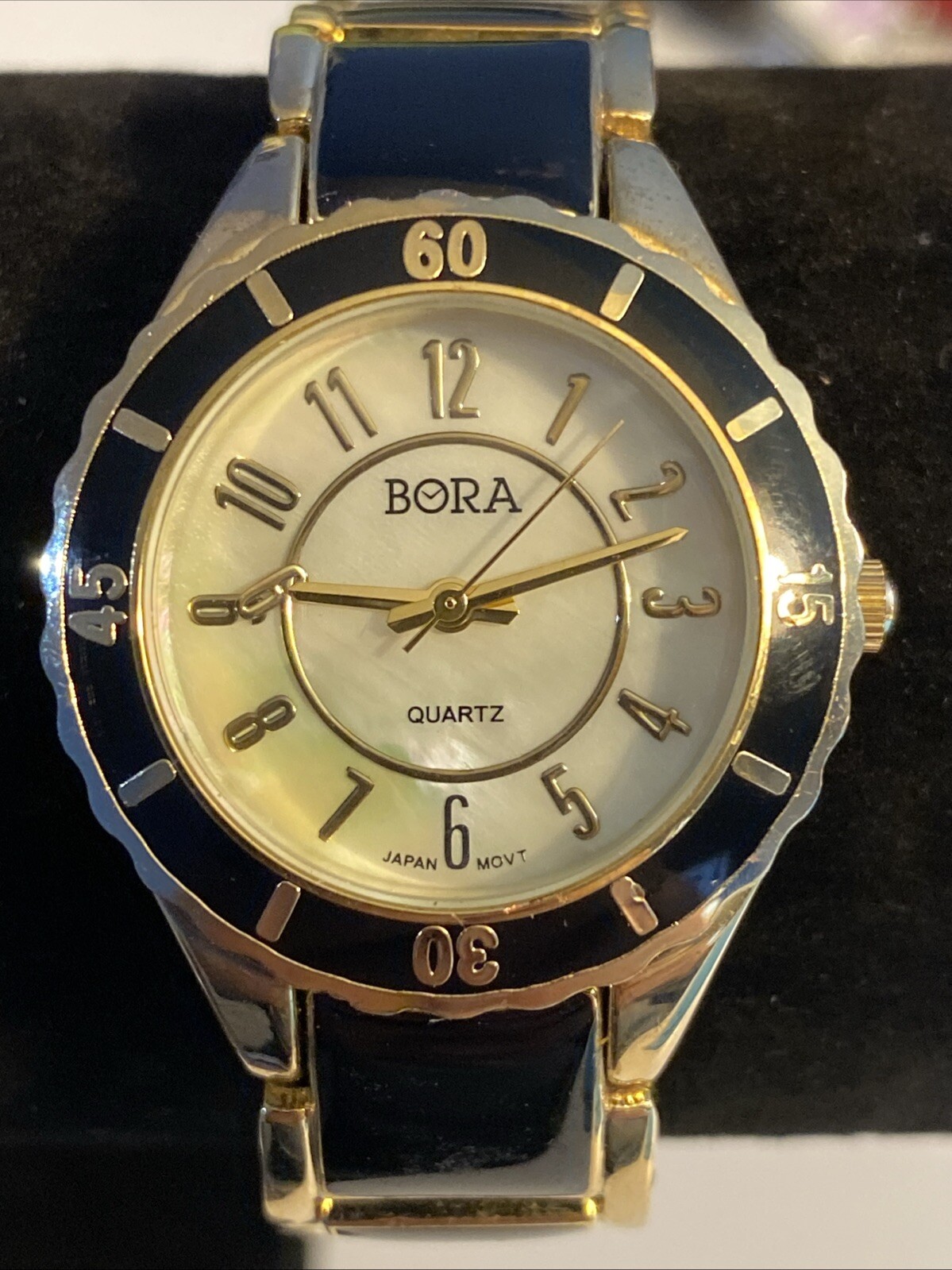 Bora Women’s Black & Gold Tone New Battery Mother of Pearl Face