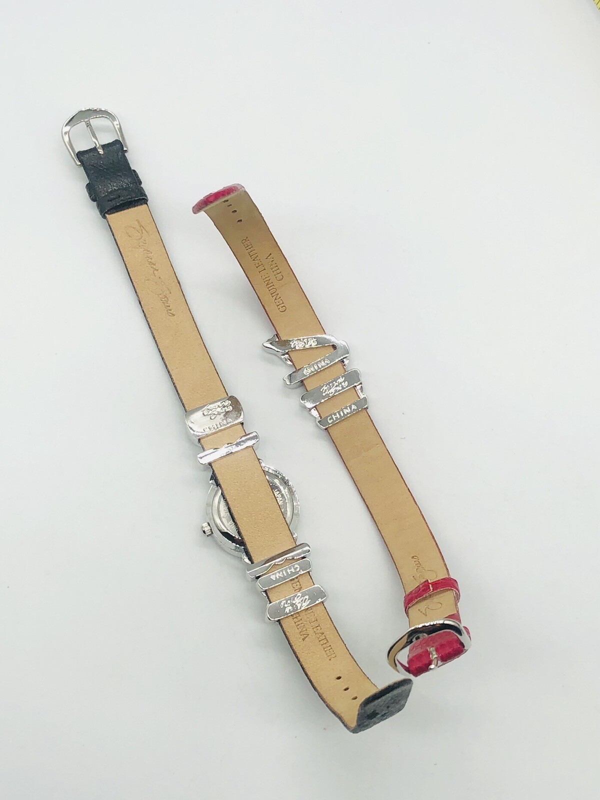 SUZANNE SOMERS Clear Frog Star Black Red Leather Bands Watch W Box Need Battery