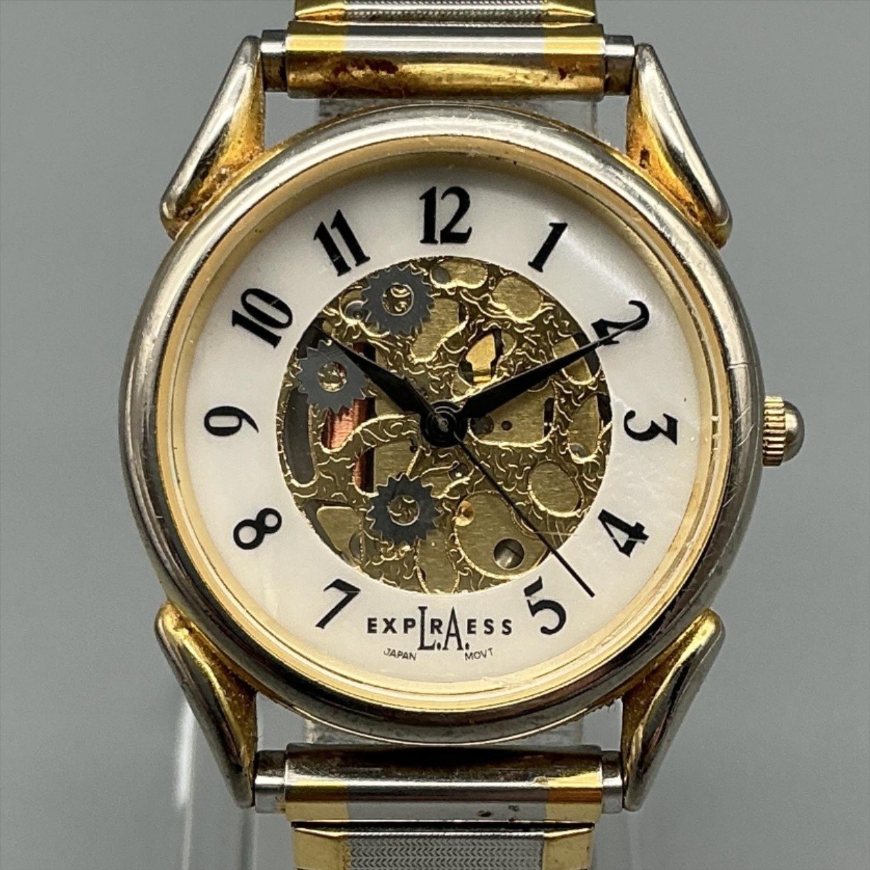 LA Express Womens Watch 32mm Skeleton Dial Two Tone Stretch Band New Battery