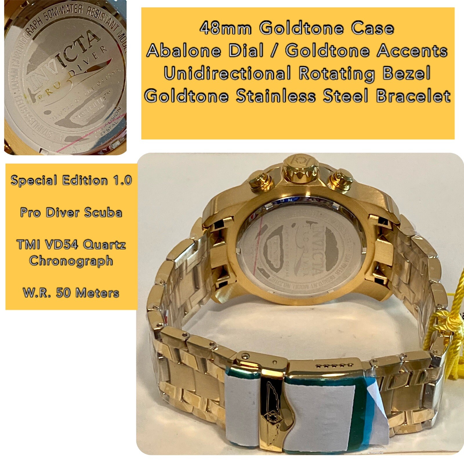 Invicta Abalone 48mm Goldtone Pro Diver Scuba Chrono Bracelet Quartz Mens Watch