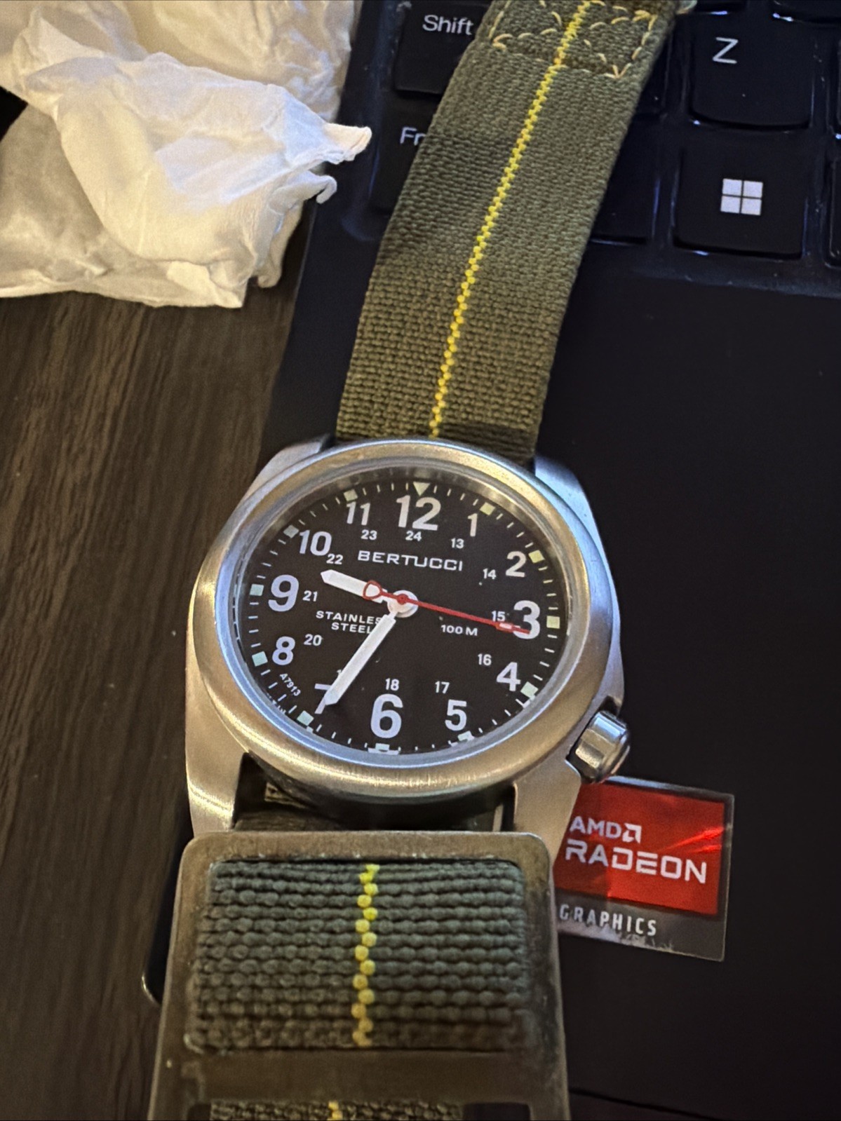BERTUCCI A-2S Stainless Steel Field Watch – Black Dial Green with Yellow Stripe