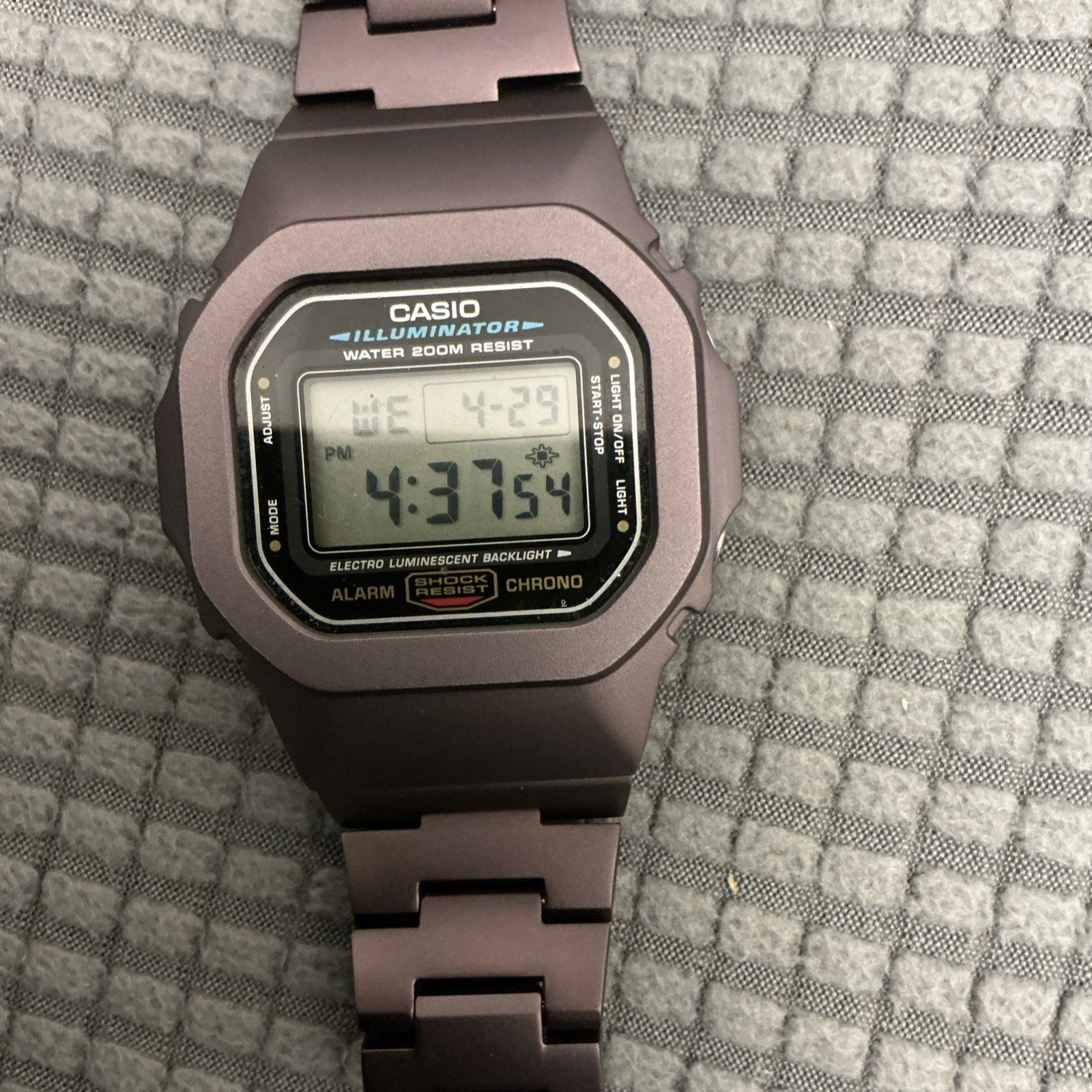This is a modified DW5600E-1V watch with purple PVD Metal Bracelet 200M Box