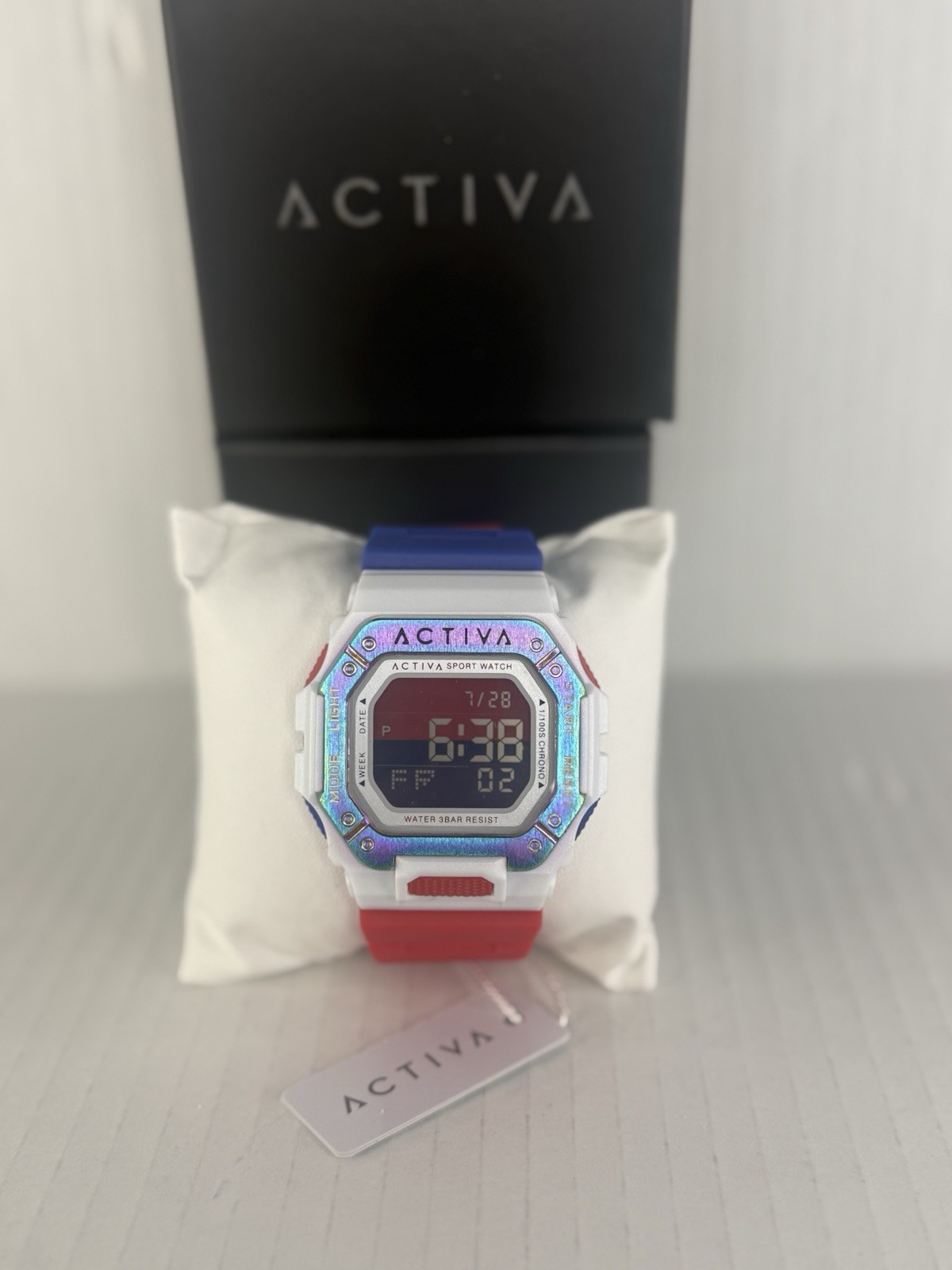 Activa Sport Digital Watch – White/Red/Blue Water Resistant 3BAR Chronograph NEW