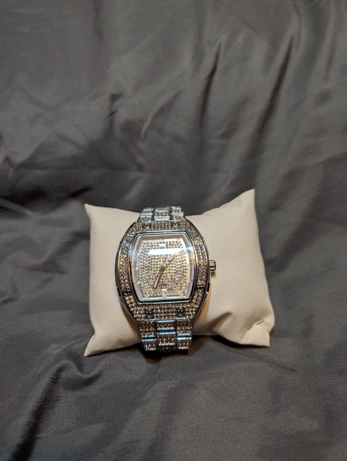Silver Tonneau watch Diamond-Pattern Dial stainless steel Band Water-Resistant