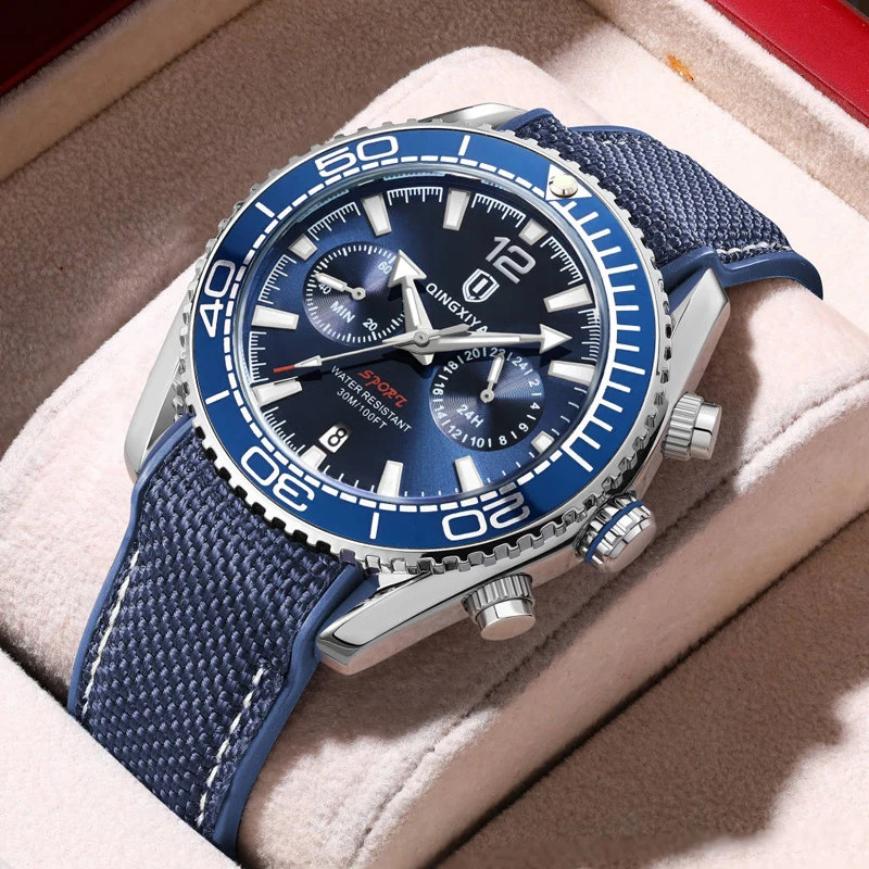 QINGXIYA Fashion Chronograph Quartz Watch Men Silicone Strap Waterproof Calendar