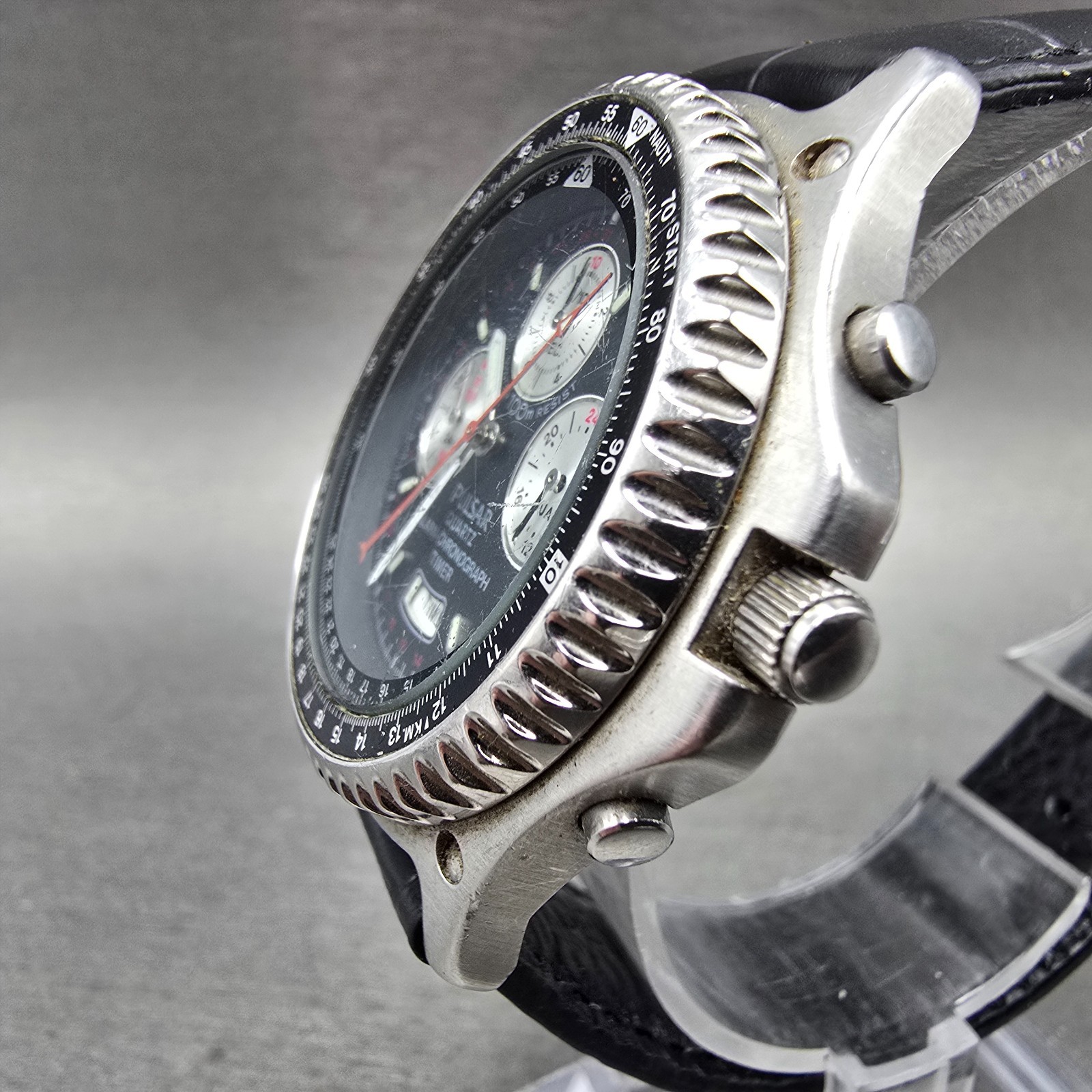 Seiko Pulsar Chronograph Watch Men 41mm Black Dial Silver Alarm Date N945 NewBat