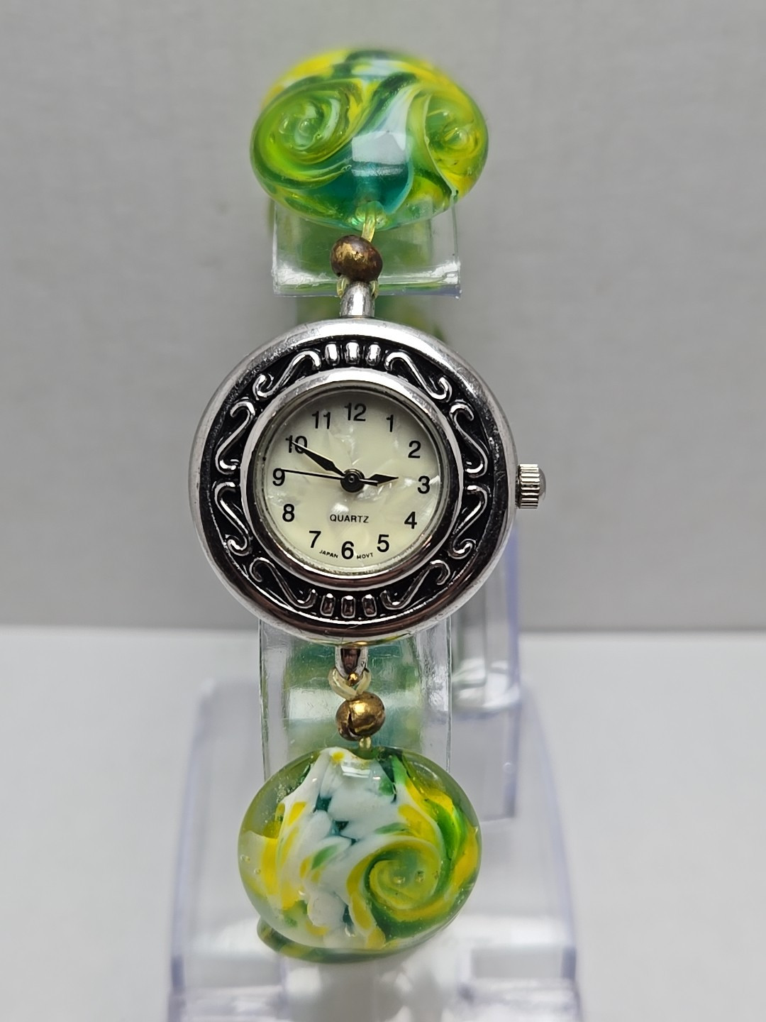 Womens Seiko Movement Lampwork Beaded Watch Bracelet Green Yellow Glass Art