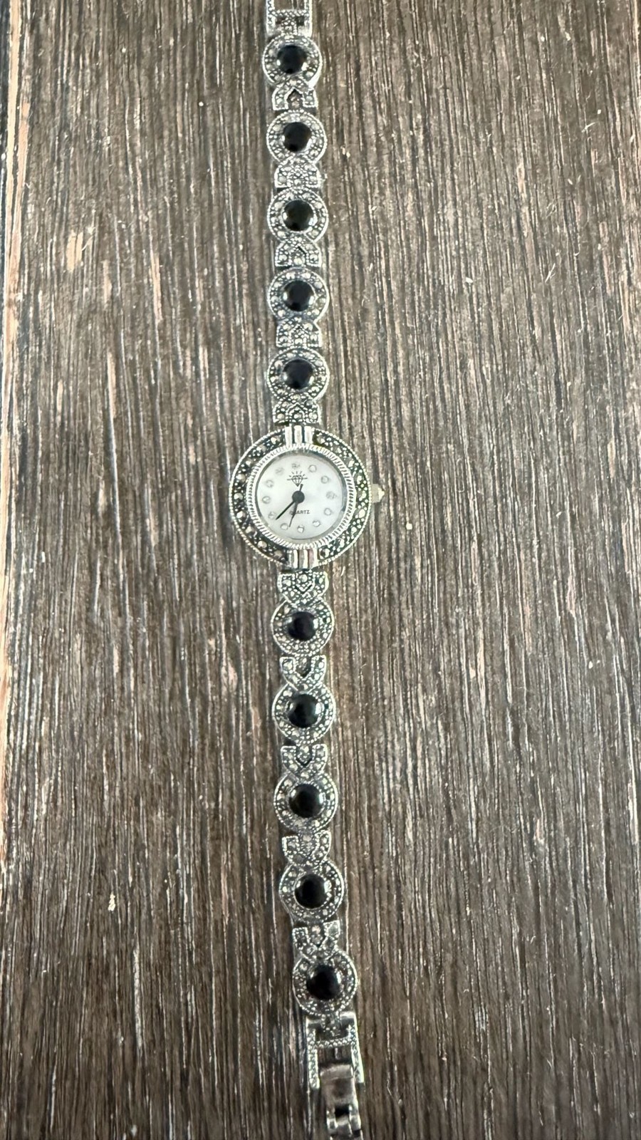 Vintage Sterling Silver 925 Marcasite and Black Onyx Quartz Bracelet Watch