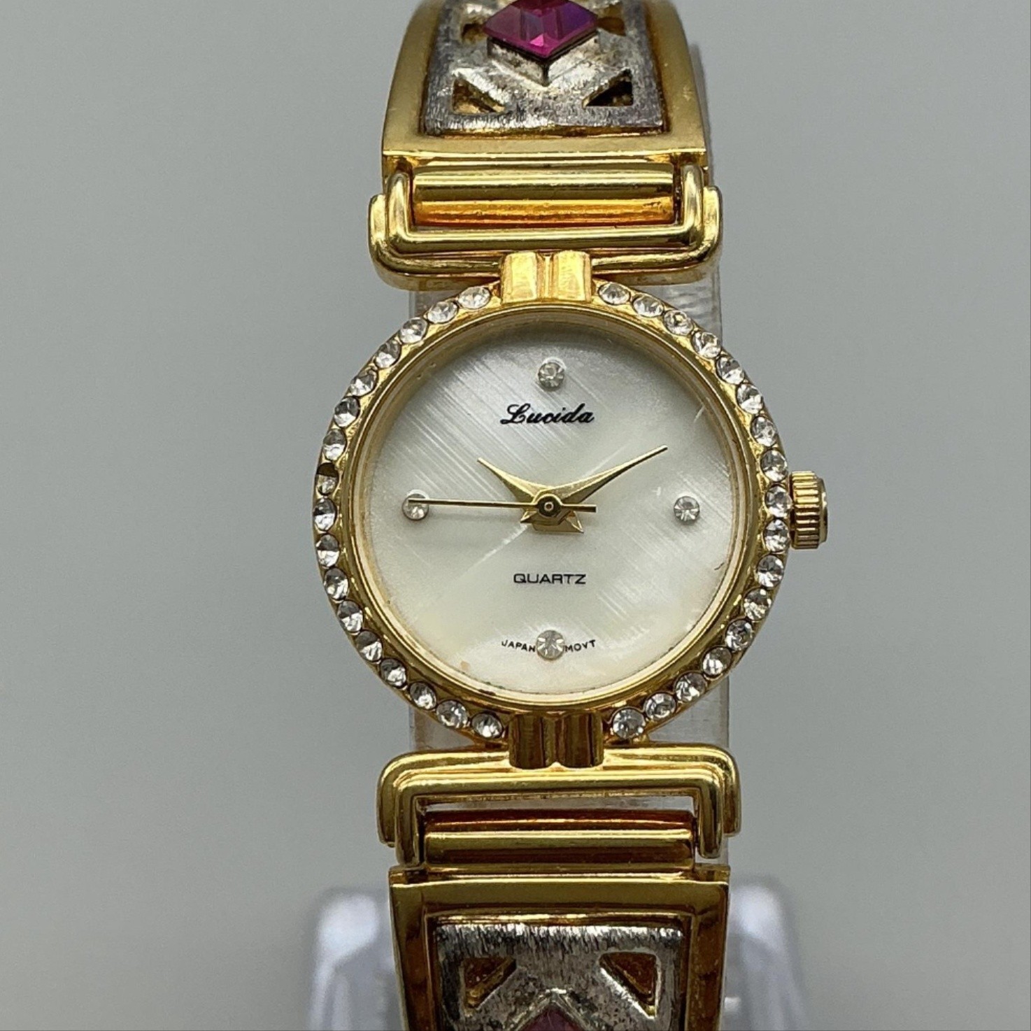 Vintage Lucida Womens Watch 21mm MOP Gold Bangle Pink Crystals New Battery 6.75″