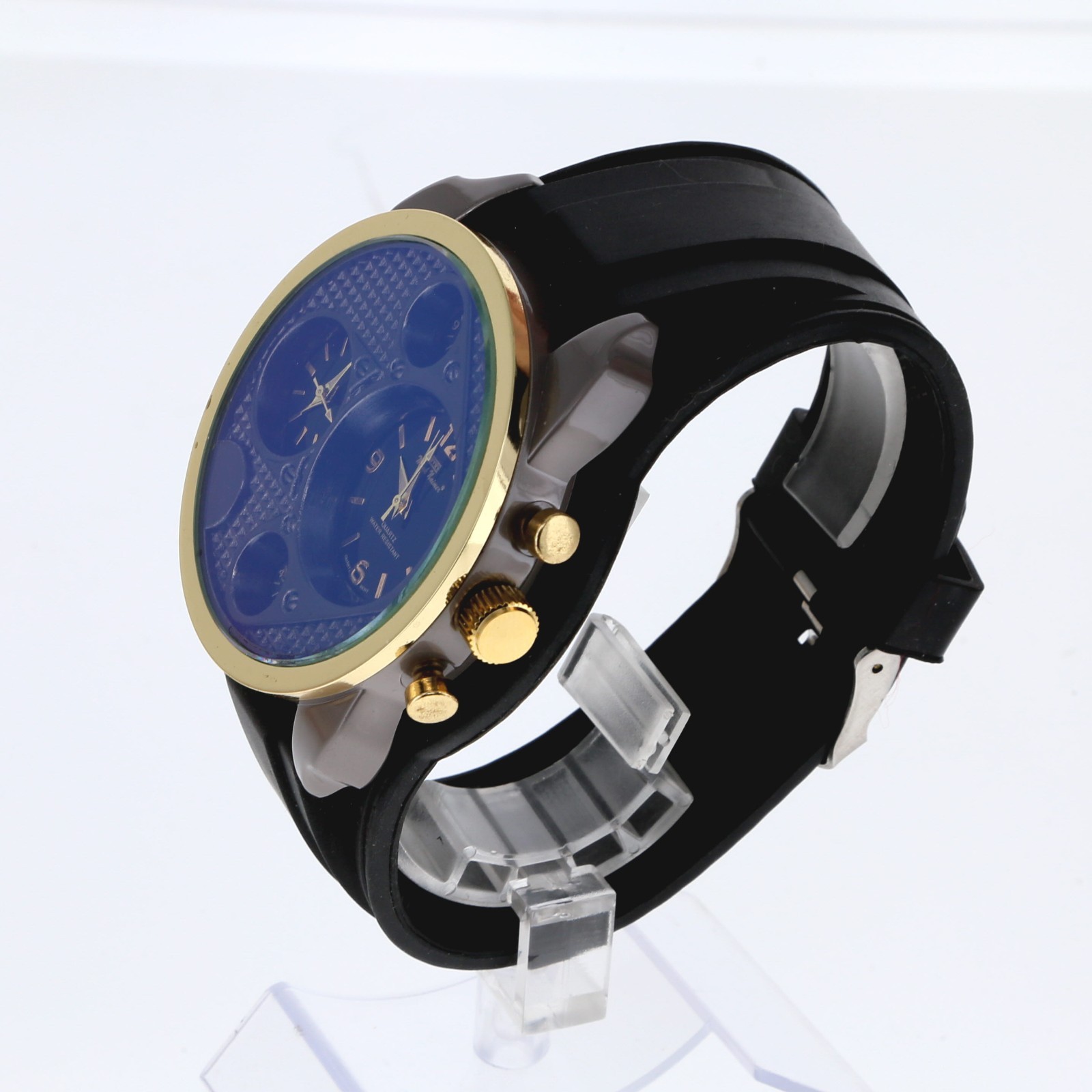 Big Bezel Dual Time Zone Gold & Gray Finish Wide Black Silicon Band 50mm