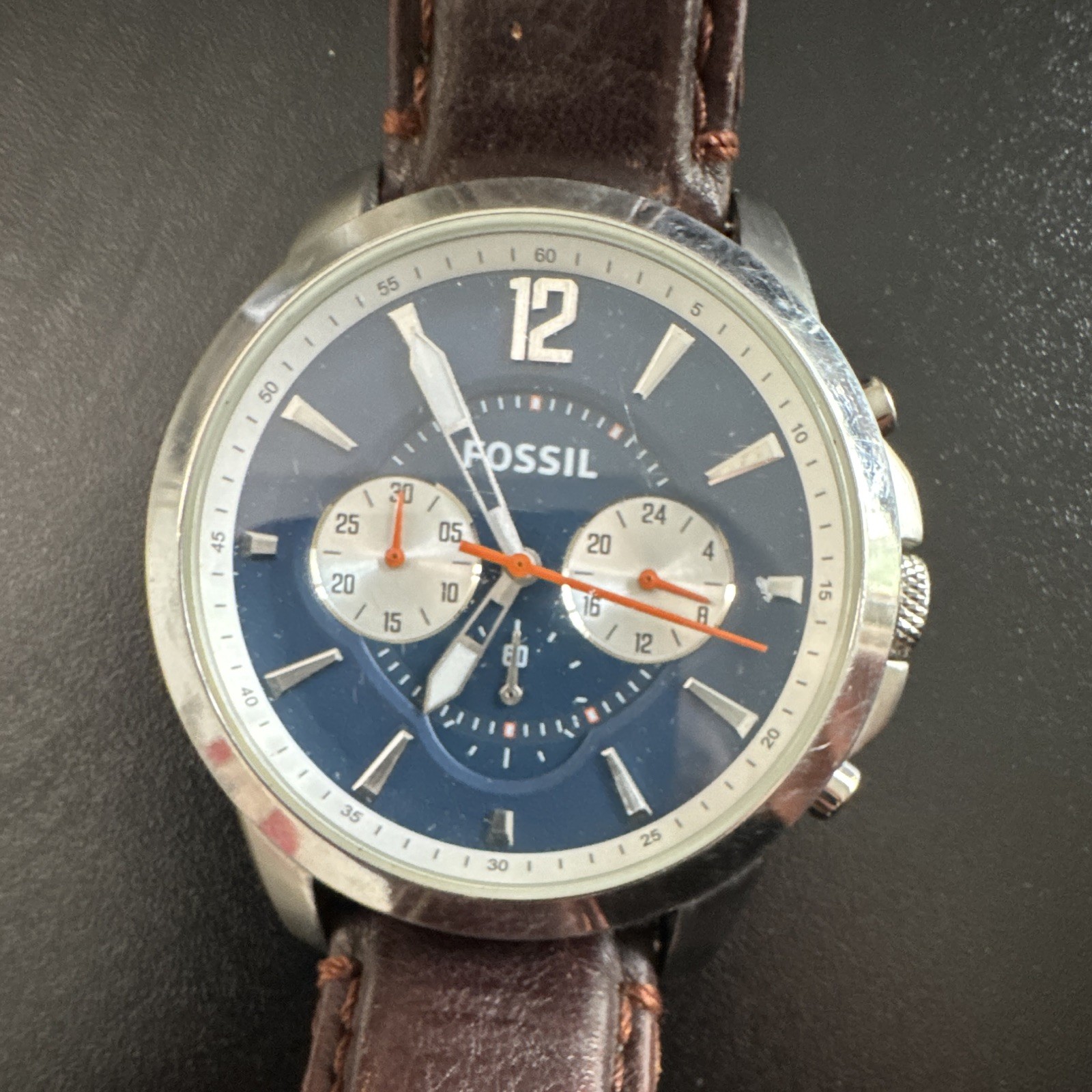 Fossil Mens Analog Wristwatch Blue / Brown Leather Strap FS 4708 needs battery