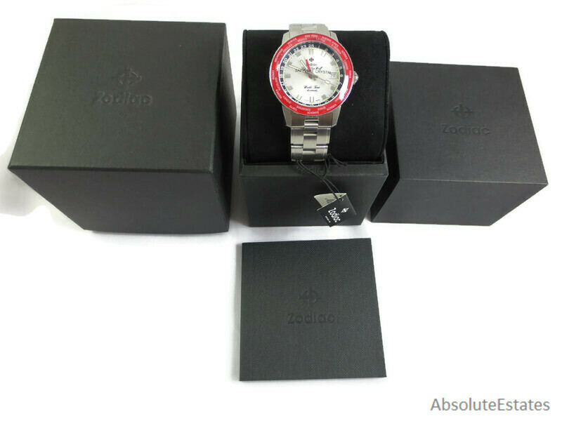 NEW Zodiac Super Sea Wolf GMT World Time Automatic Silver Red Watch ZO9410 Box