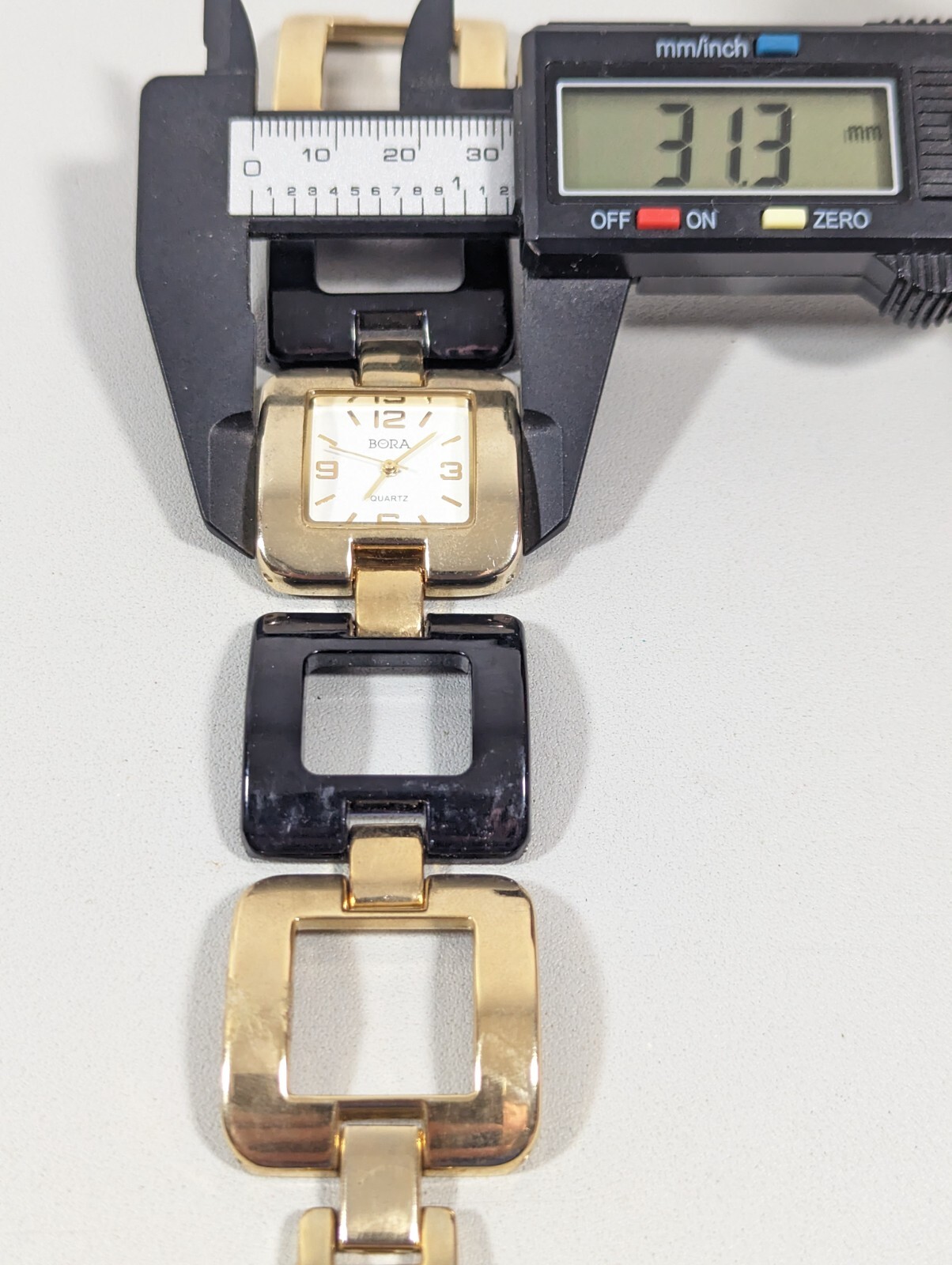 Bora White Dial Gold Tone Square Case Link Bracelet Band Watch