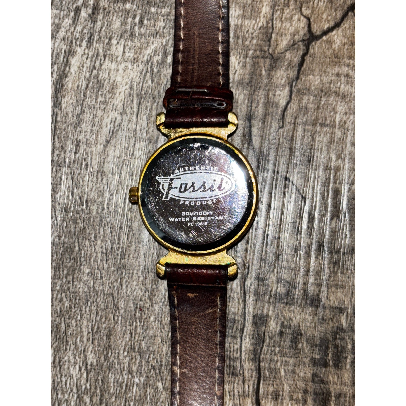 Fossil PC-9618 Women Watch Brown Leather Band Gold Tone Tortoise Dial Vintage